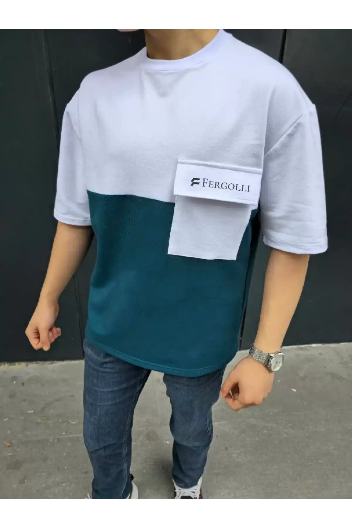 Unisex Torba Cep Detaylı  Parçalı T-Shirt - Lacivert