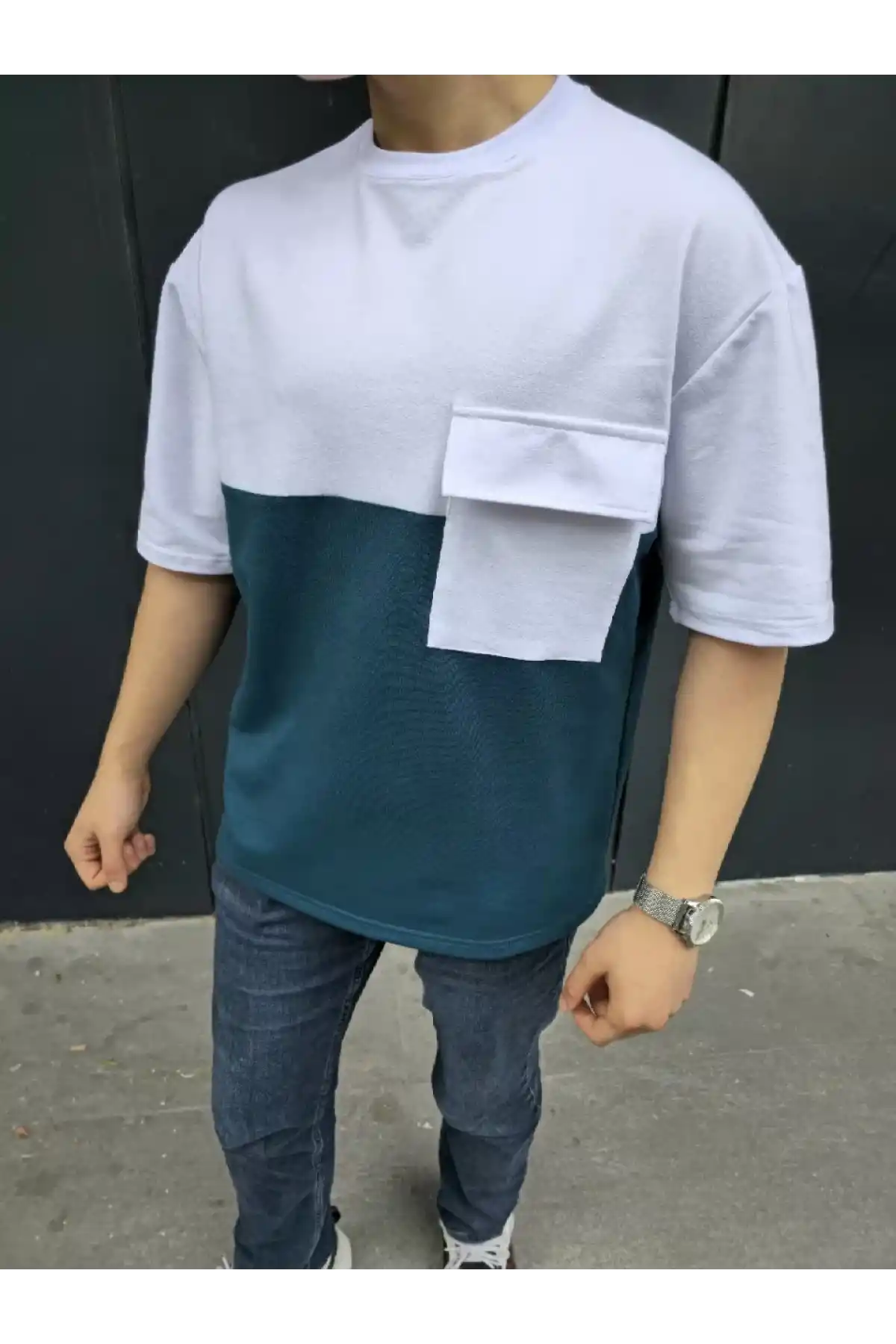 Unisex Torba Cep Detaylı Parçalı T-Shirt - Lacivert