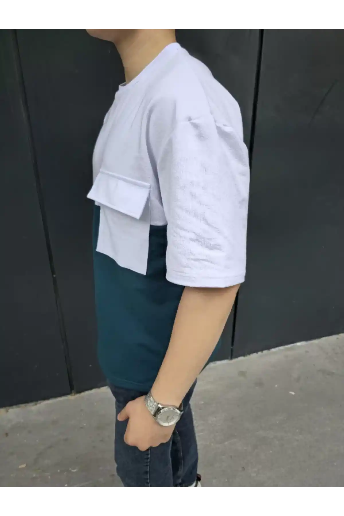 Unisex Torba Cep Detaylı Parçalı T-Shirt - Lacivert