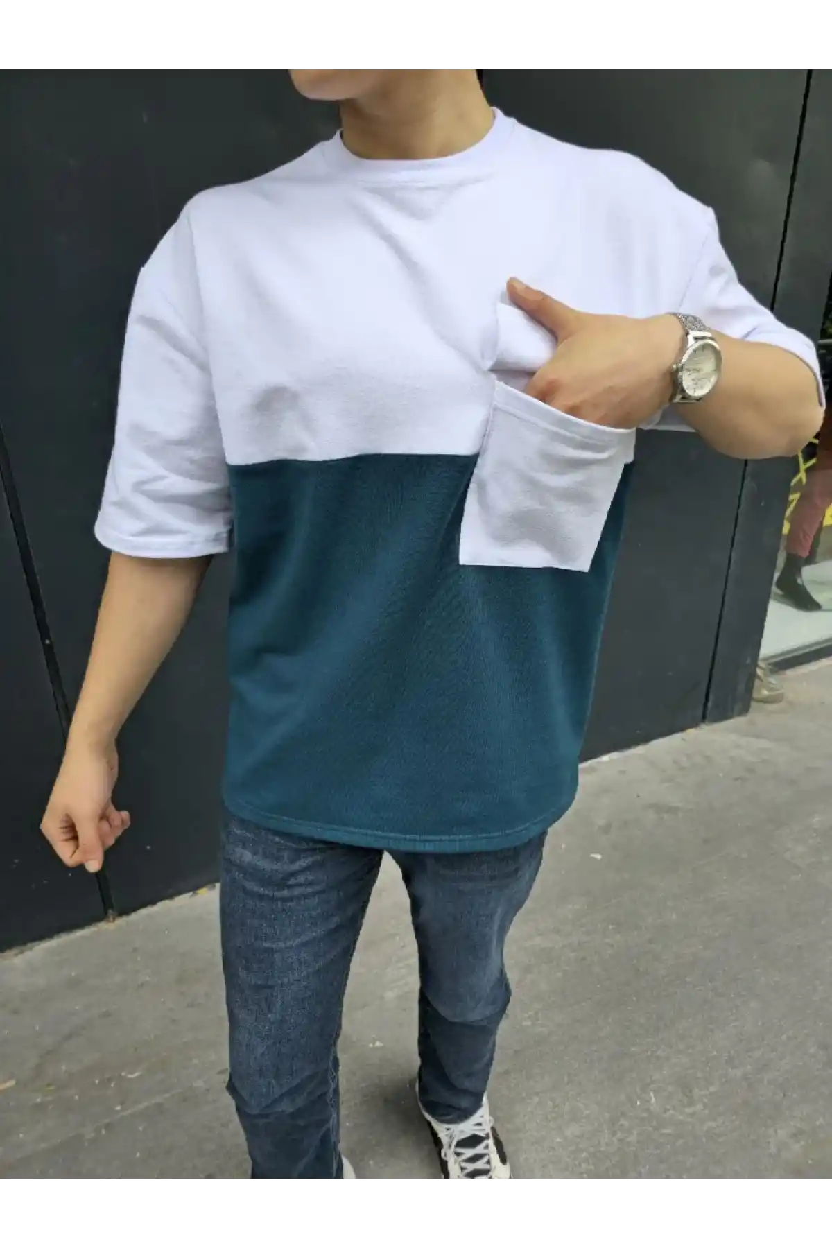 Unisex Torba Cep Detaylı Parçalı T-Shirt - Lacivert