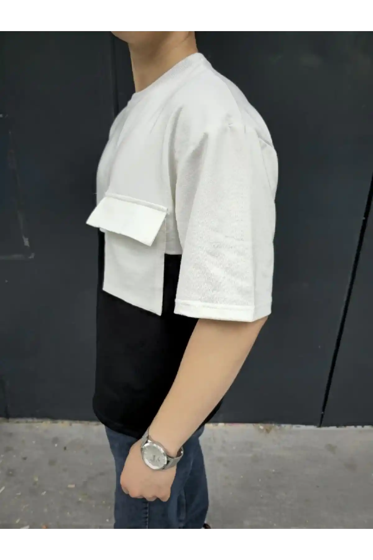 Unisex Torba Cep Detaylı Parçalı T-Shirt - Siyah