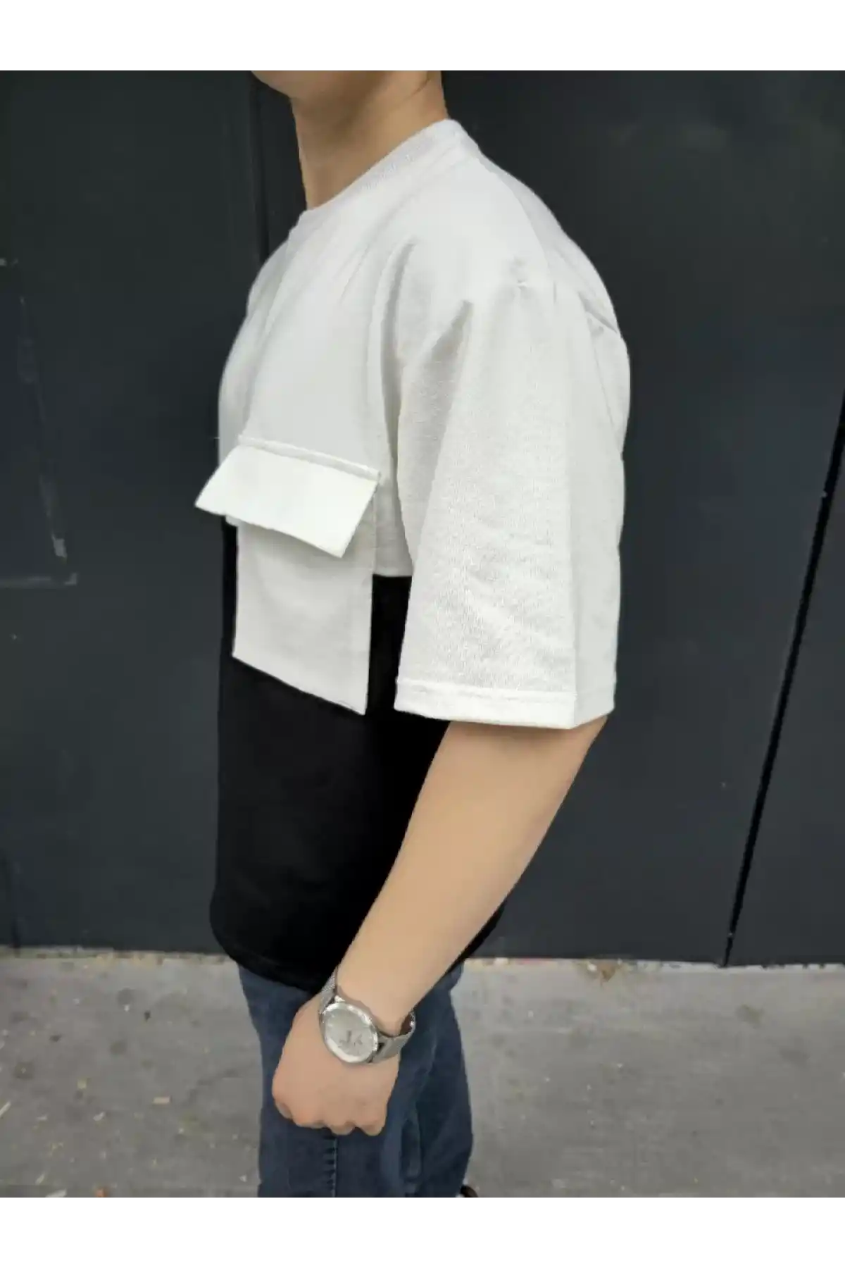 Unisex Torba Cep Detaylı Parçalı T-Shirt - Siyah