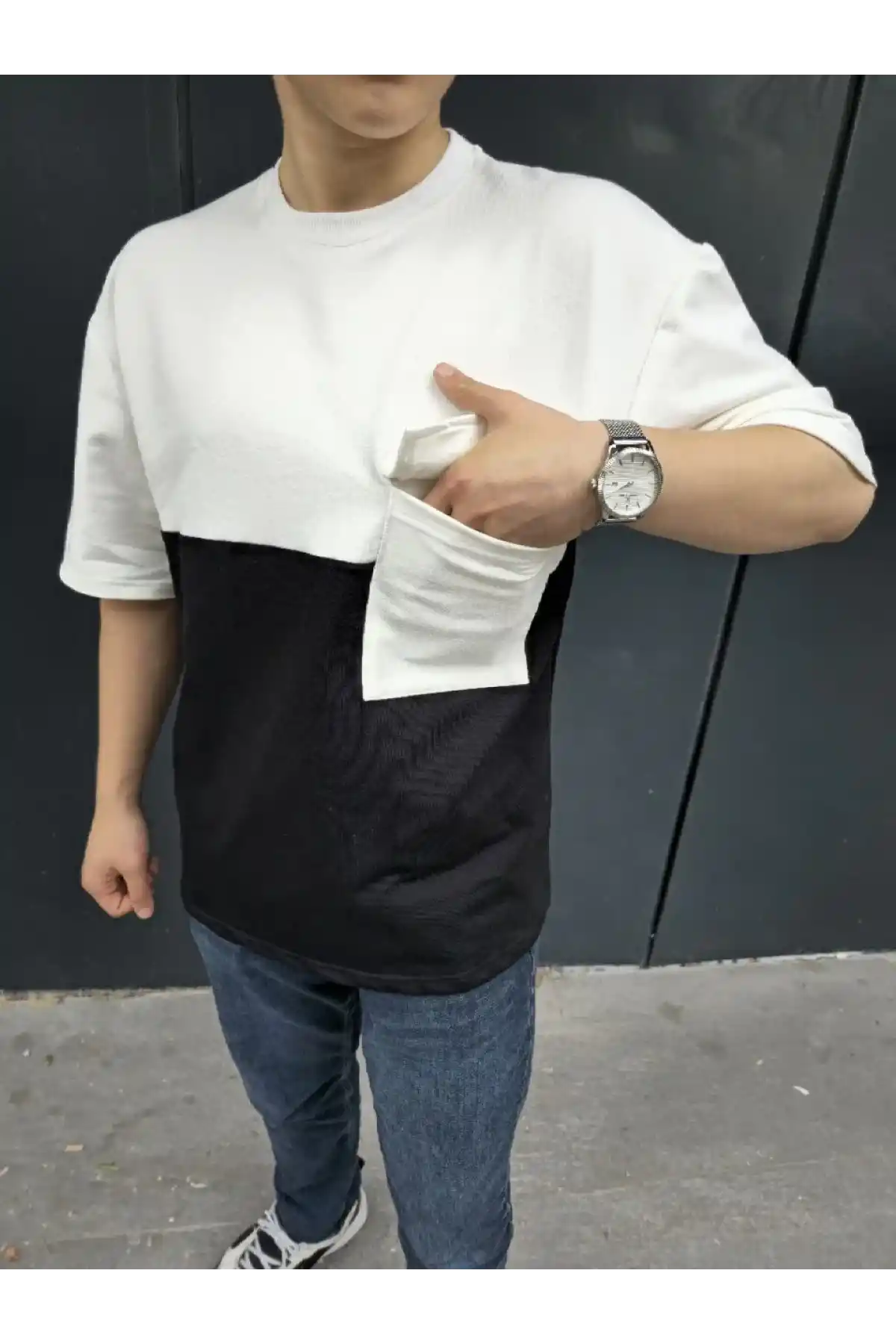 Unisex Torba Cep Detaylı Parçalı T-Shirt - Siyah