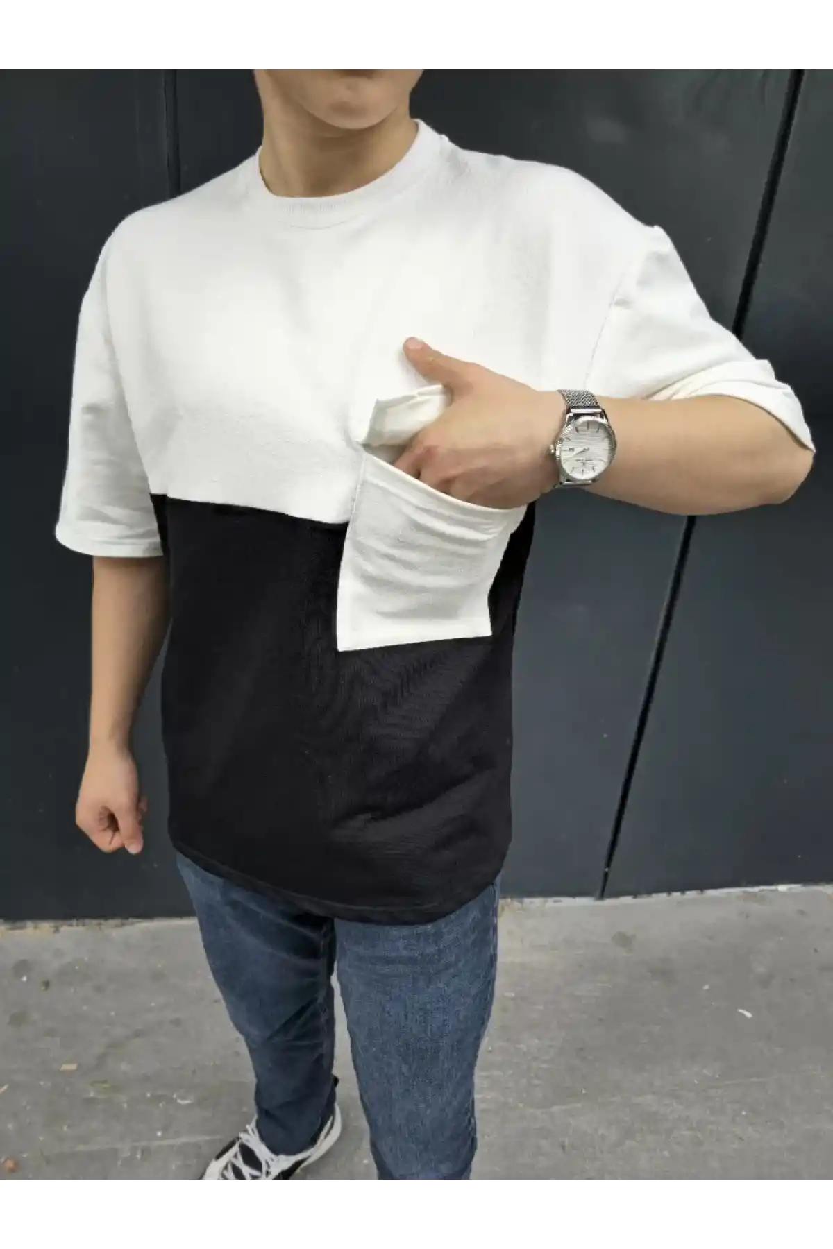 Unisex Torba Cep Detaylı Parçalı T-Shirt - Siyah