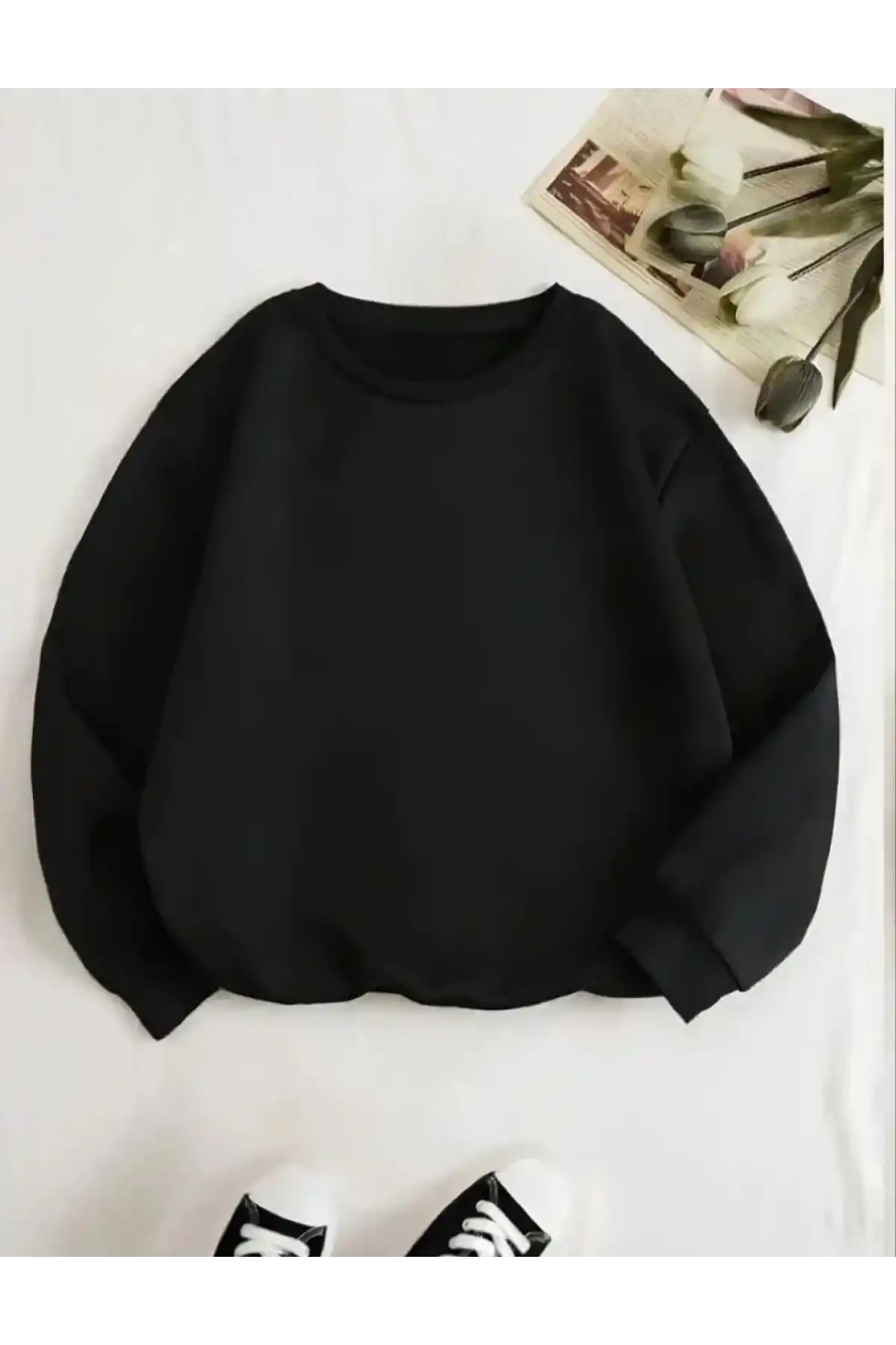 Kadın Üç İplik Biskilet Yaka SweatShirt - Siyah