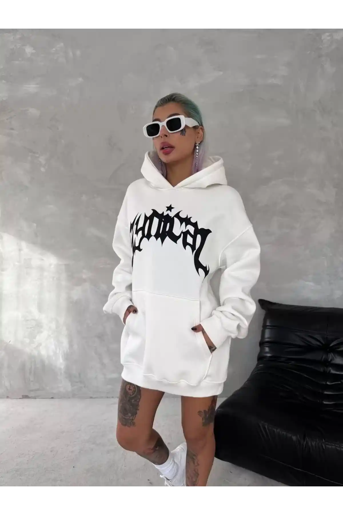 Unisex Üç İplik Kapüşonlu Baskılı SweatShirt - Beyaz