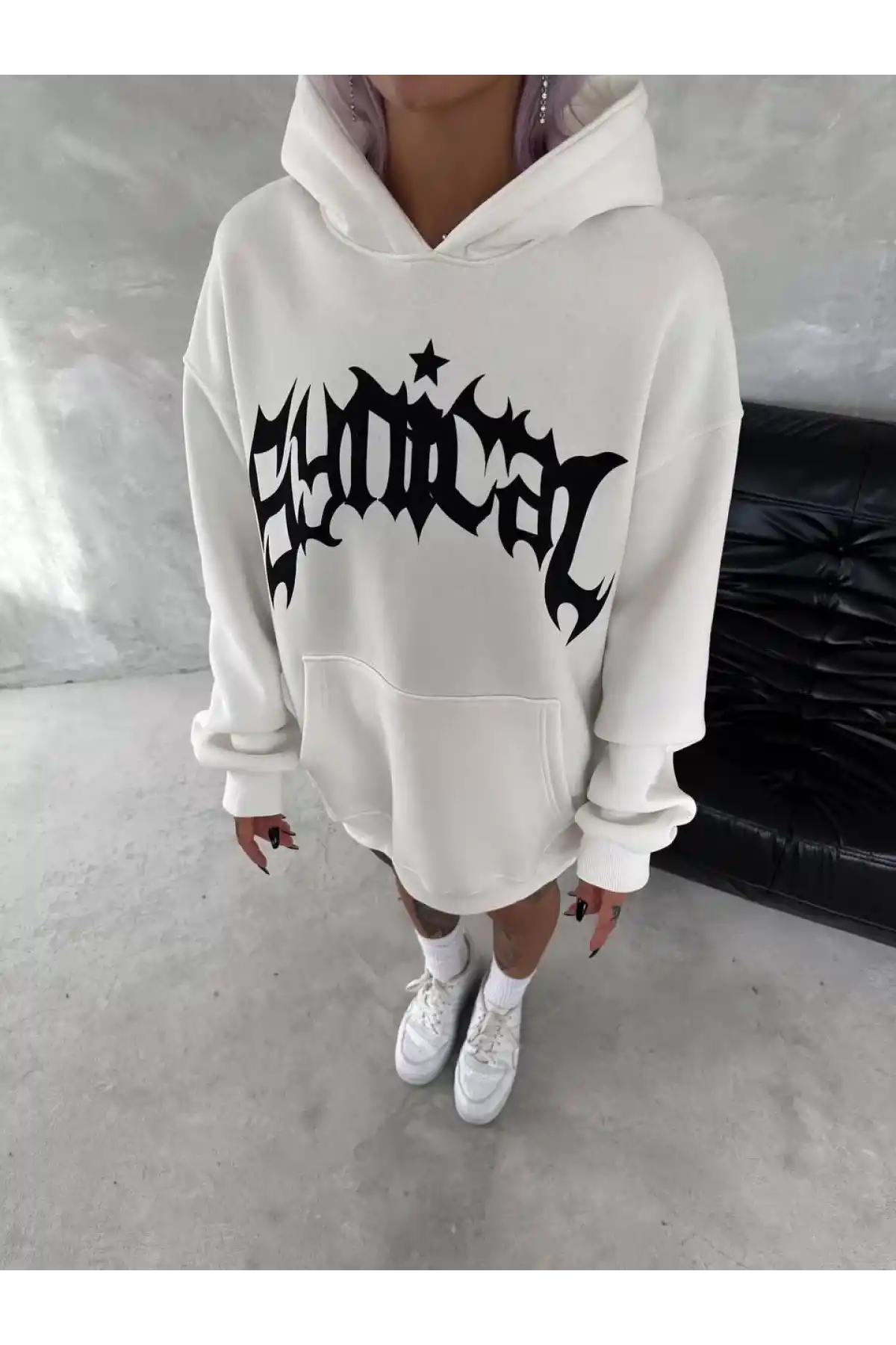 Unisex Üç İplik Kapüşonlu Baskılı SweatShirt - Beyaz