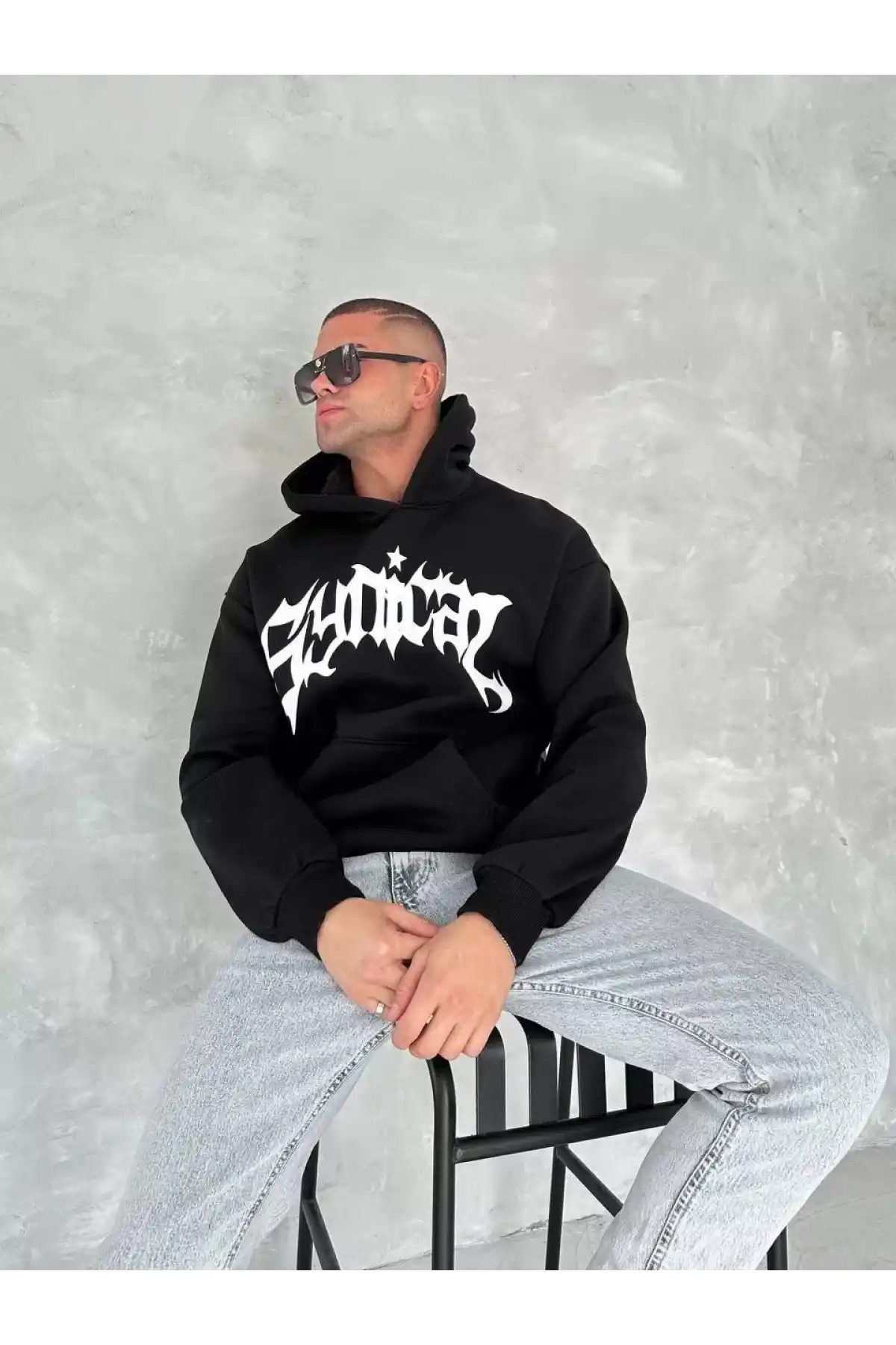 Unisex Üç İplik Kapüşonlu Baskılı SweatShirt - Siyah