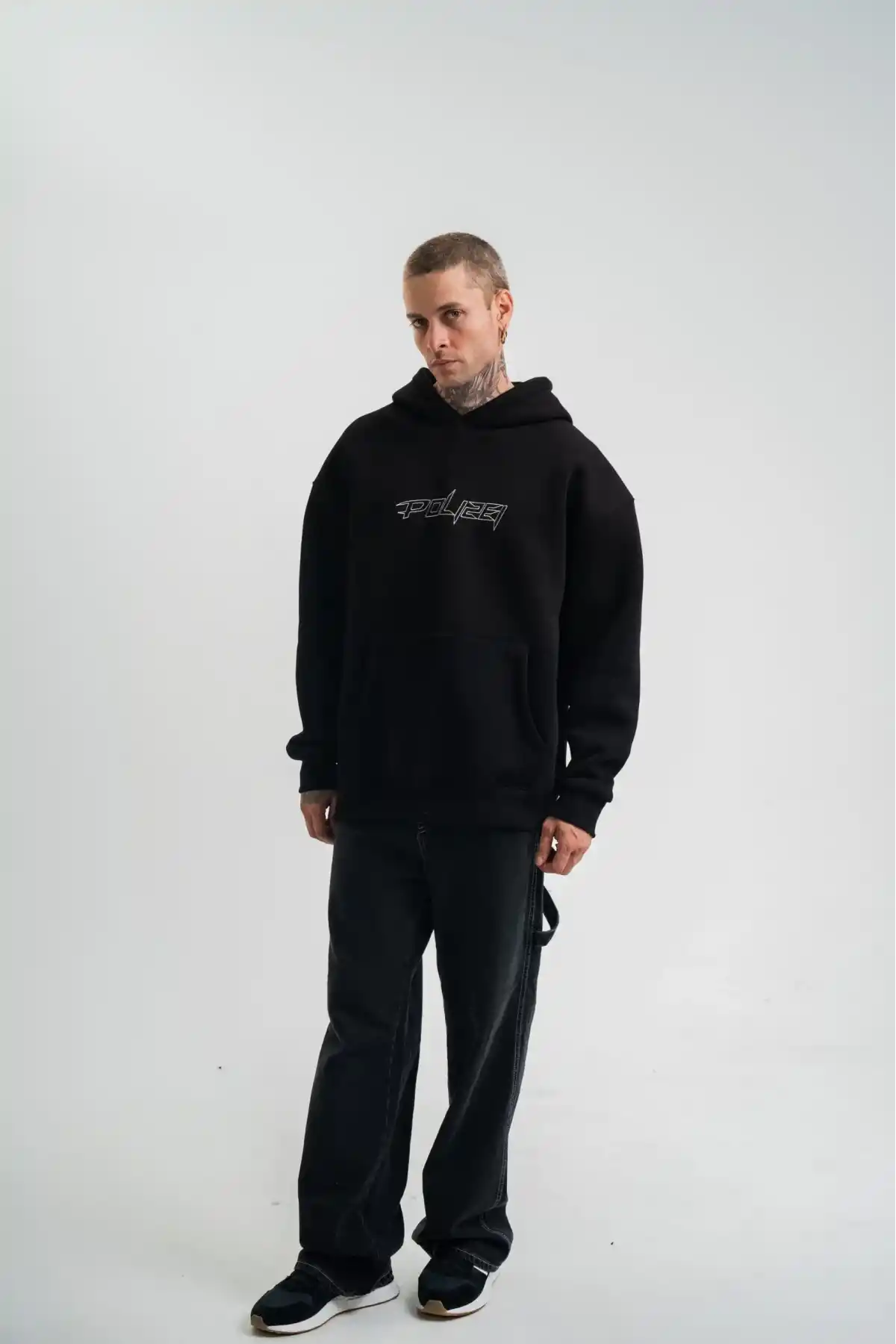 ERKEK Üç İplik Kapşonlu Nakışlı SweatShirt - Siyah