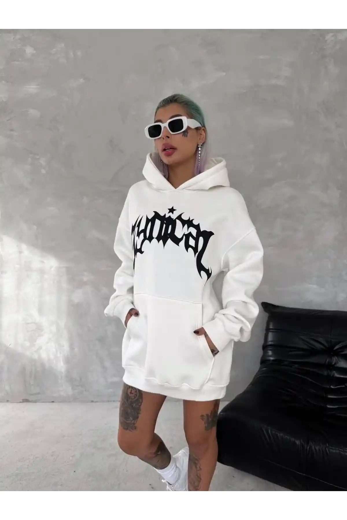 kadın Üç İplik Kapüşonlu Baskılı SweatShirt - Beyaz