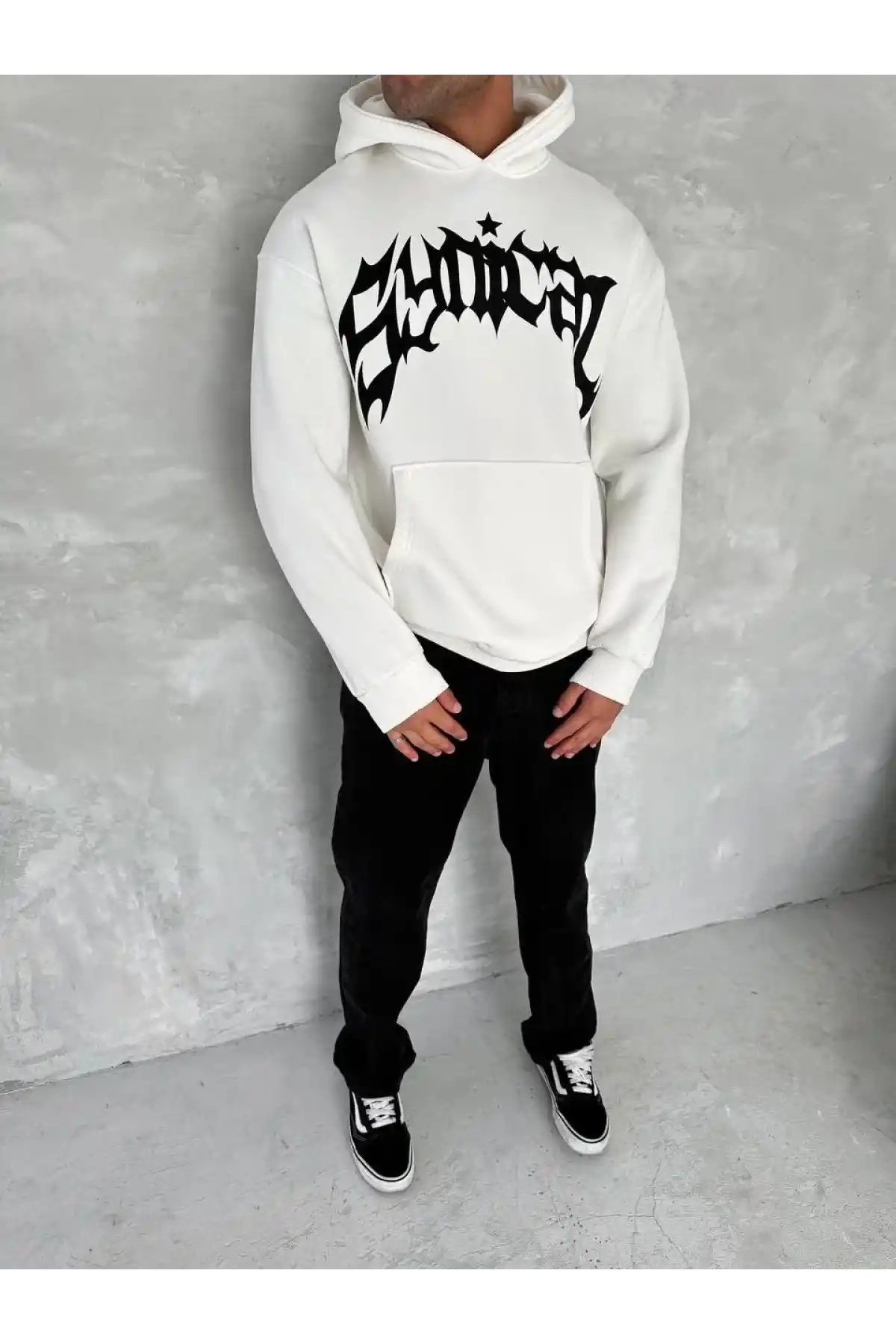 Unisex Üç İplik Kapüşonlu Baskılı SweatShirt - Beyaz