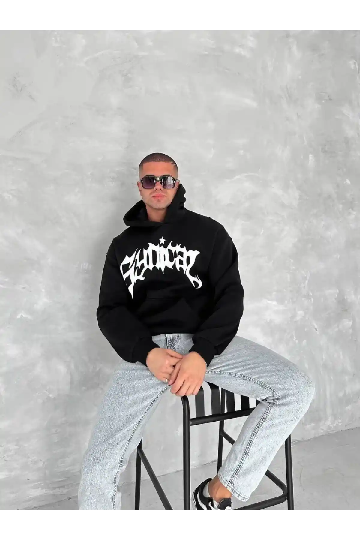 Unisex Üç İplik Kapüşonlu Baskılı SweatShirt - Siyah