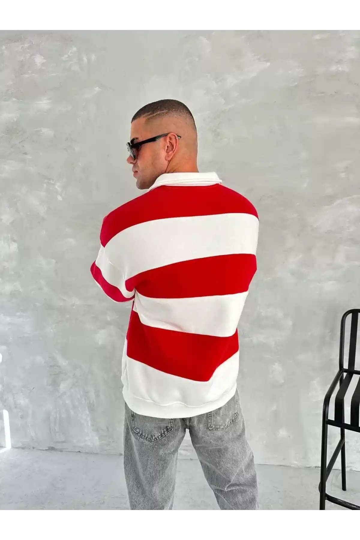 Unisex Üç İplik Parçalı Yakalı SweatShirt - Kırmızı