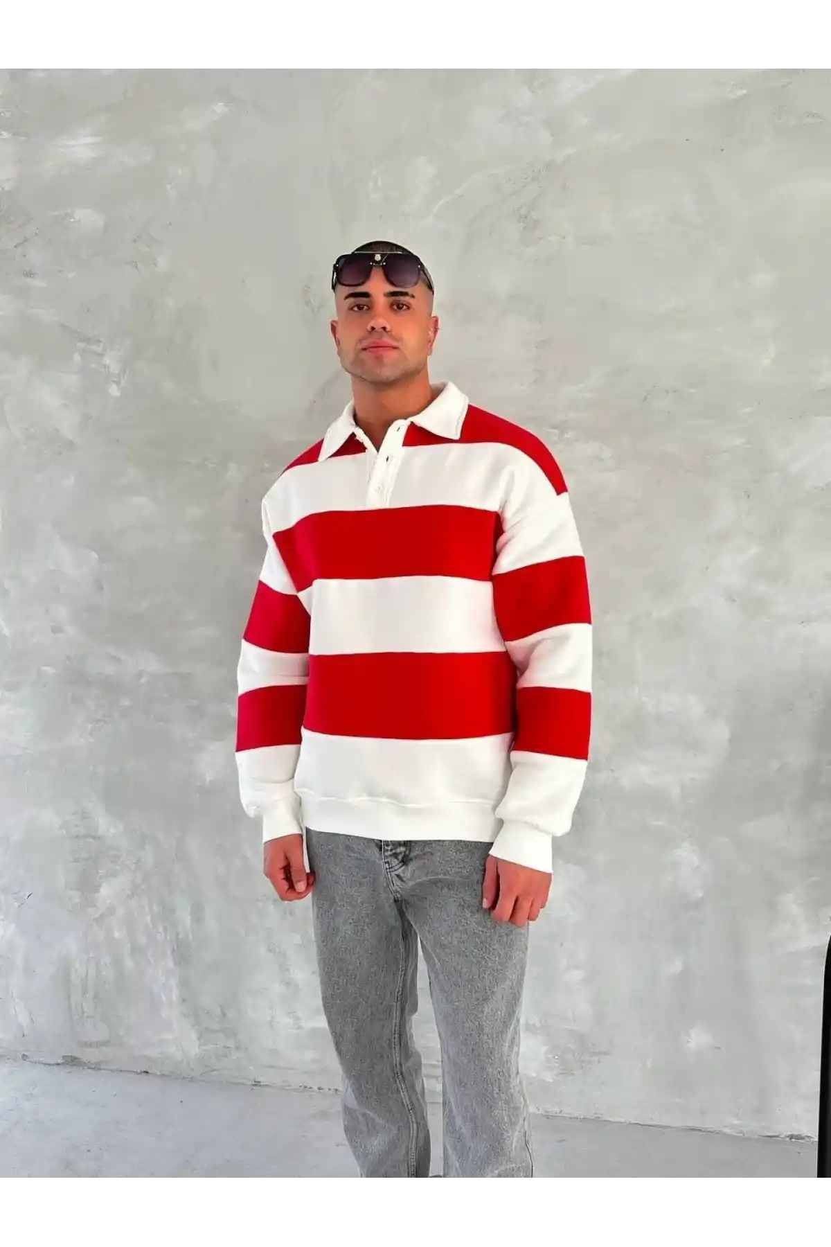 Unisex Üç İplik Parçalı Yakalı SweatShirt - Kırmızı