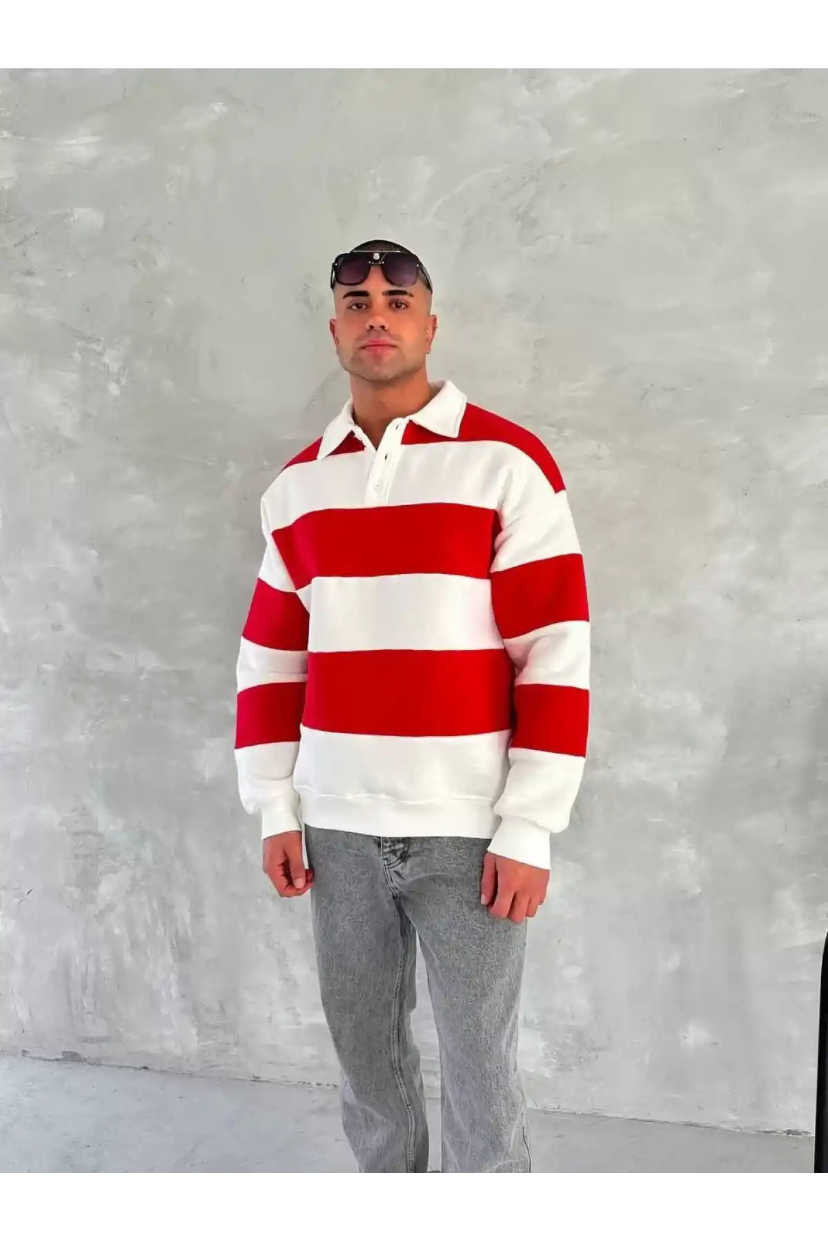 Unisex Üç İplik Parçalı Yakalı SweatShirt - Kırmızı