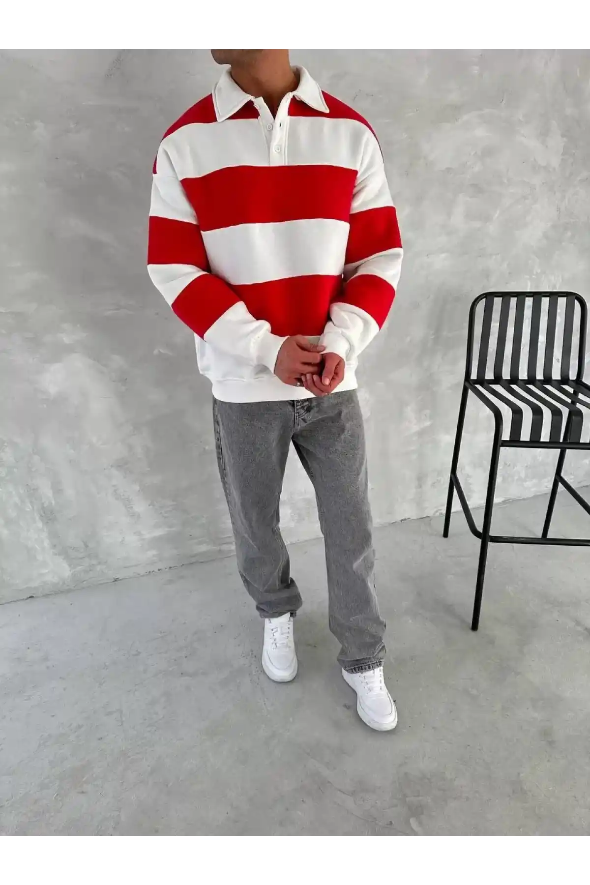 Unisex Üç İplik Parçalı Yakalı SweatShirt - Kırmızı