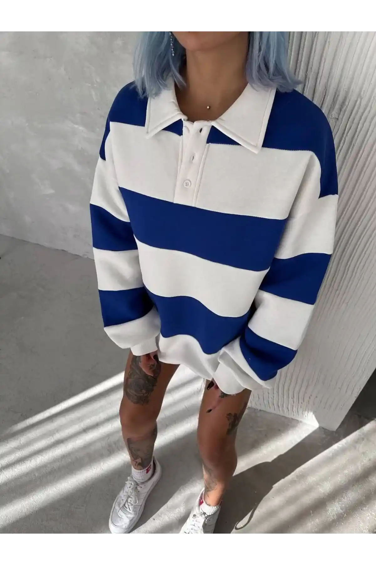 Unisex Üç İplik Parçalı Yakalı SweatShirt - Mavi