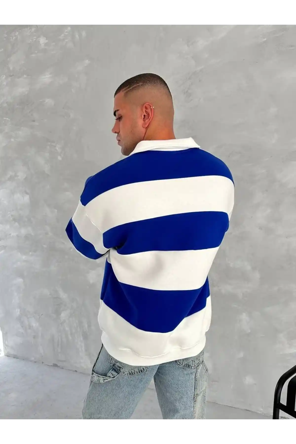 Unisex Üç İplik Parçalı Yakalı SweatShirt - Mavi