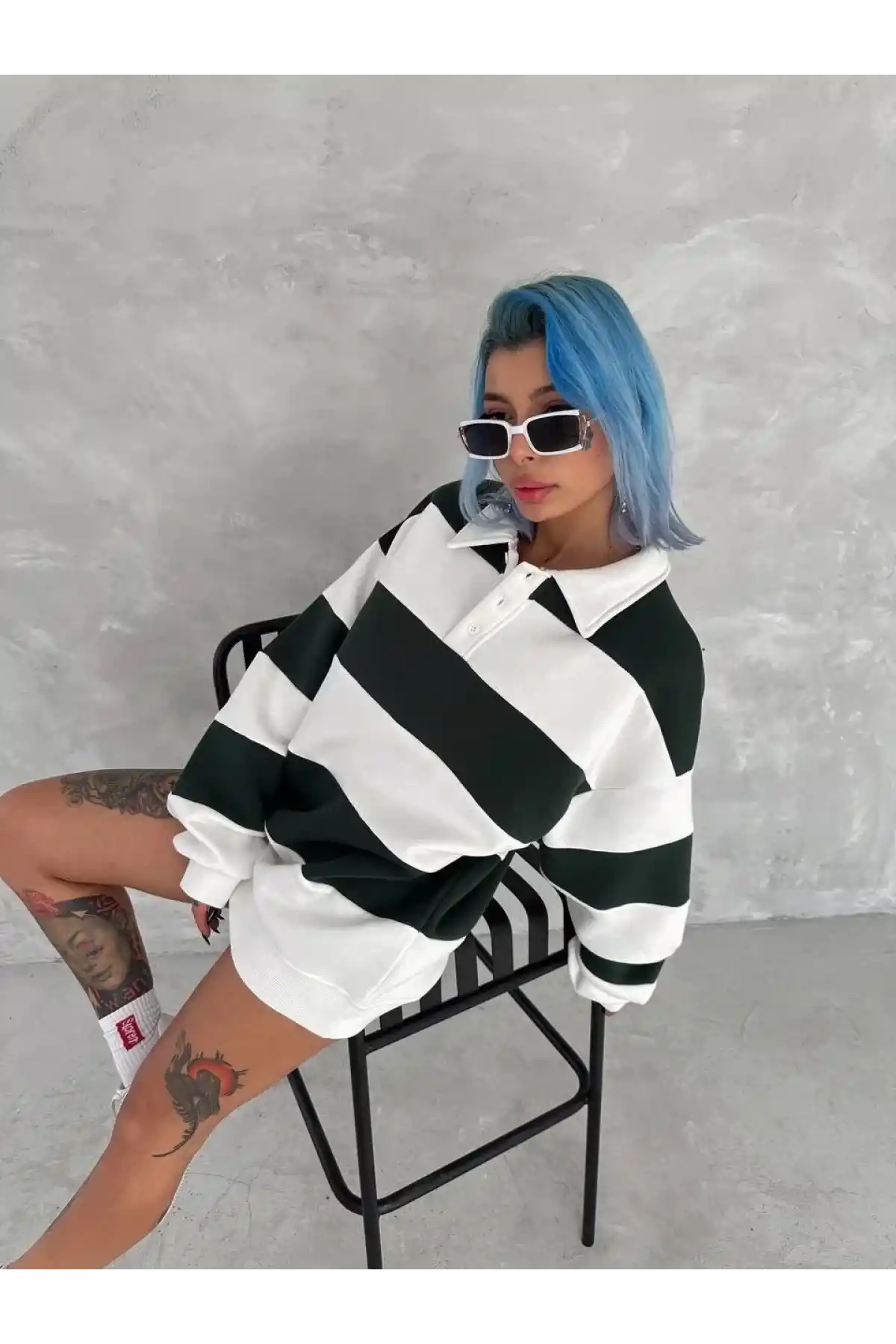 Kadın Üç İplik Parçalı Yakalı SweatShirt - Yeşil