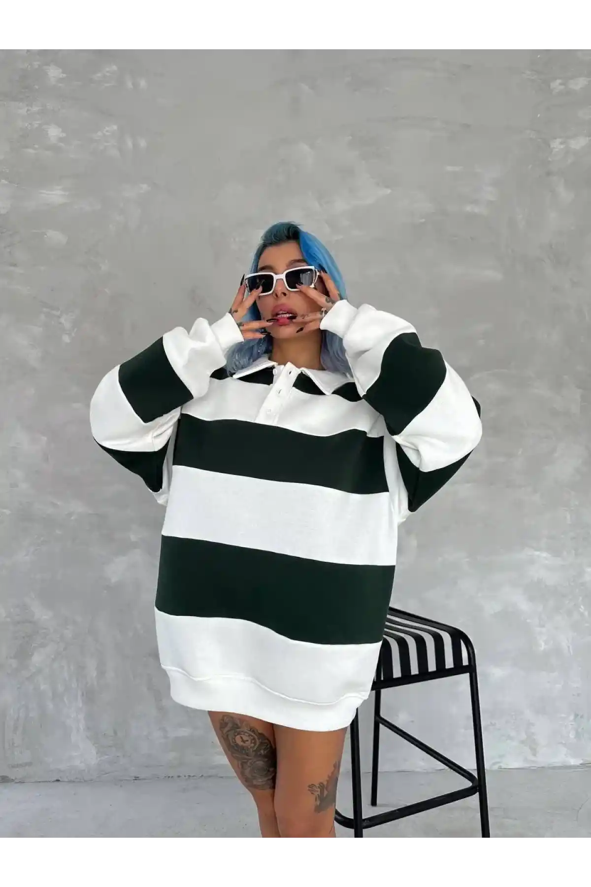 Kadın Üç İplik Parçalı Yakalı SweatShirt - Yeşil