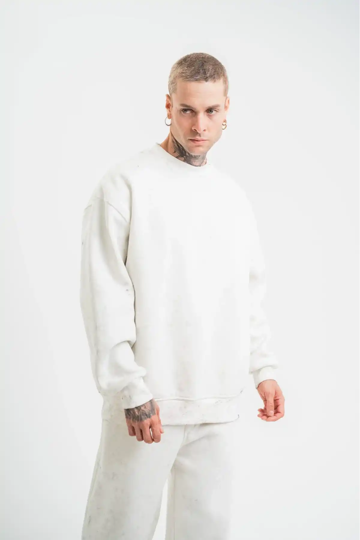 ERKEK Uzun Kol Bisiklet Yaka Yıkamalı SweatShirt - Beyaz