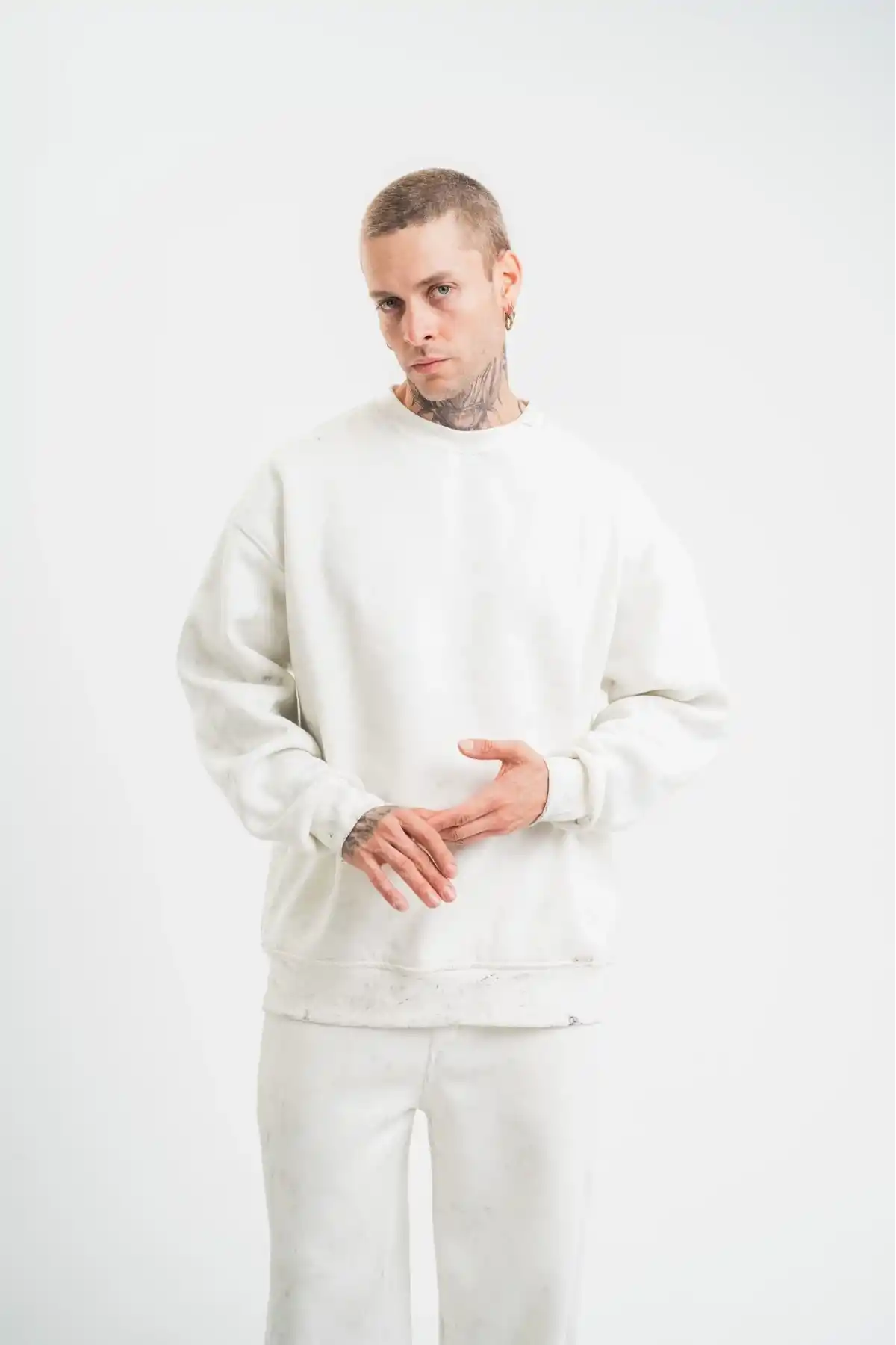 ERKEK Uzun Kol Bisiklet Yaka Yıkamalı SweatShirt - Beyaz