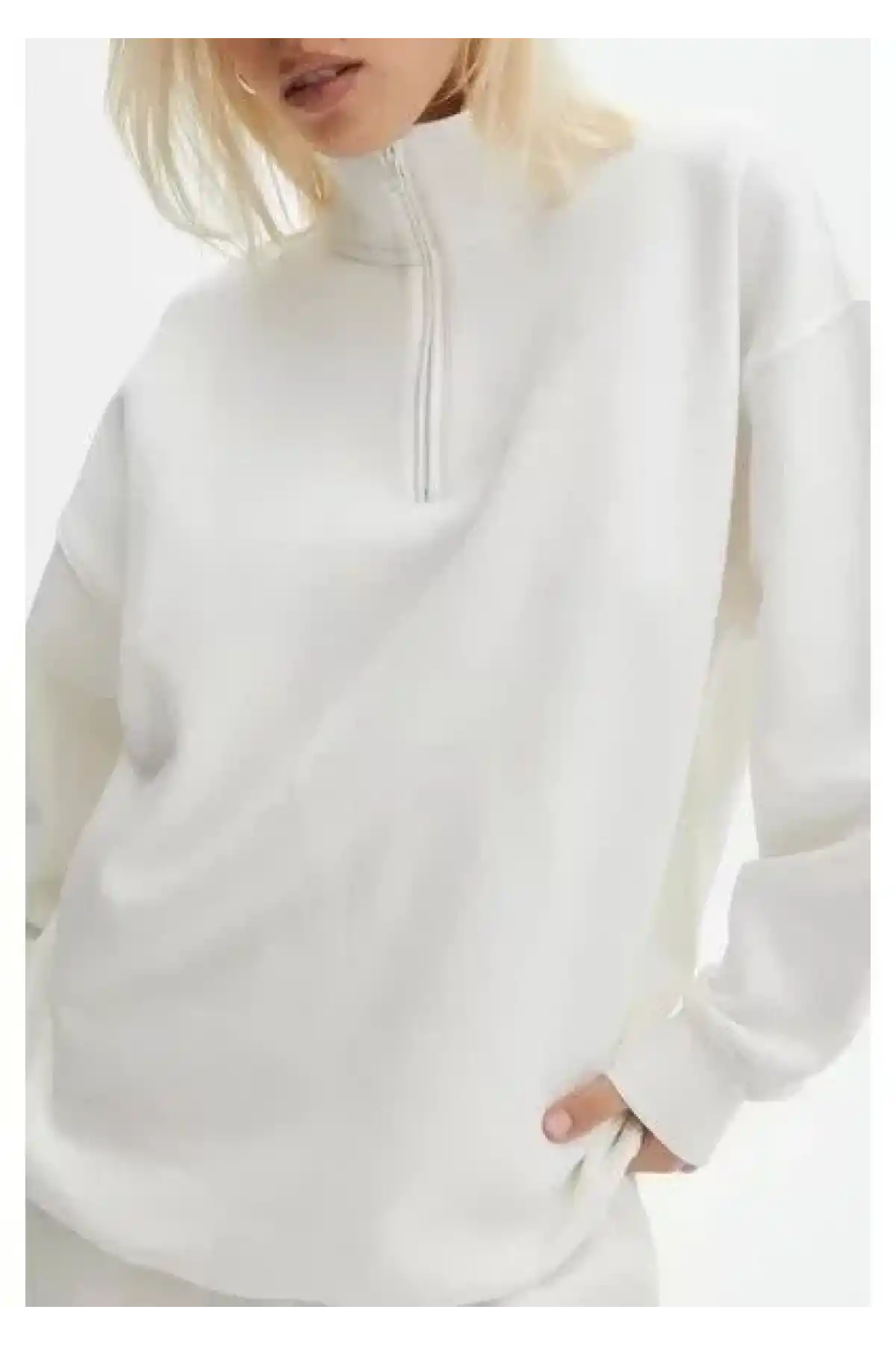 Unisex Uzun Kol Yarım Farmuarlı Yakalı Basic SweatShirt - Beyaz