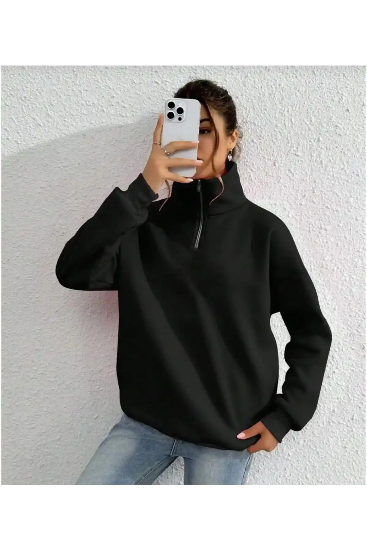 kadın Uzun Kol Yarım Farmuarlı Yakalı Basic SweatShirt - Siyah
