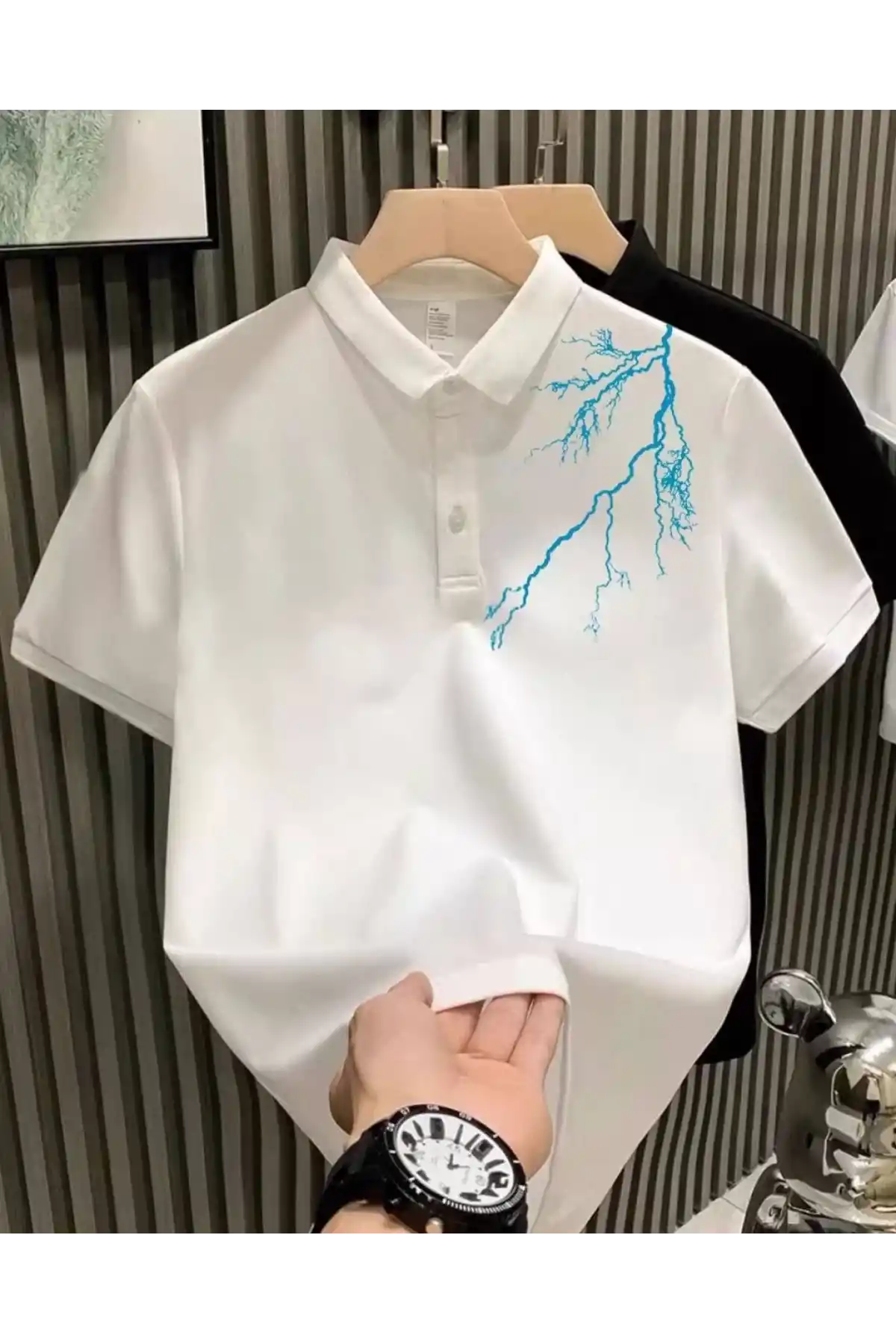 Unisex Yakası Düğmeli Oversize Baskılı T-Shirt - Beyaz