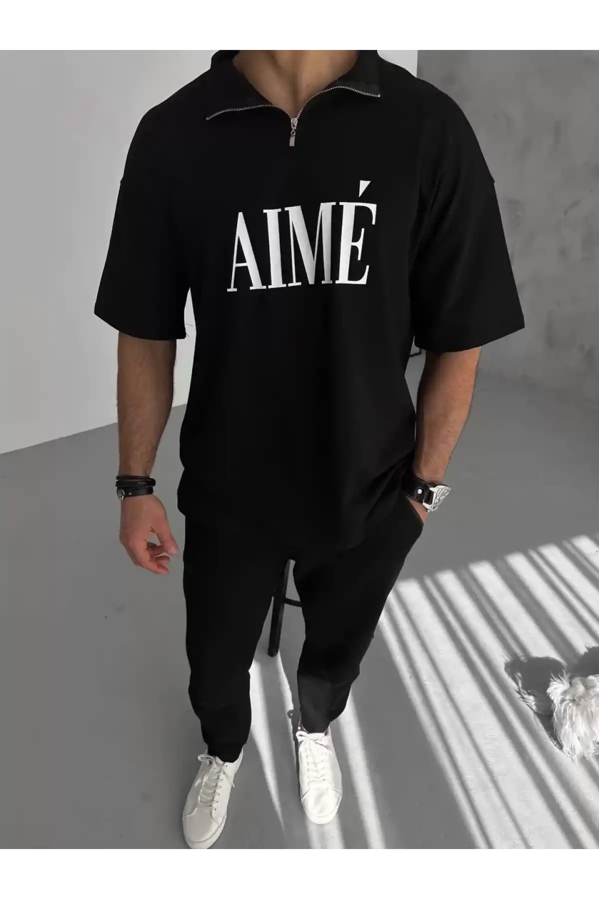 Unisex Yarım Fermuarlı Baskılı T-Shirt - Siyah