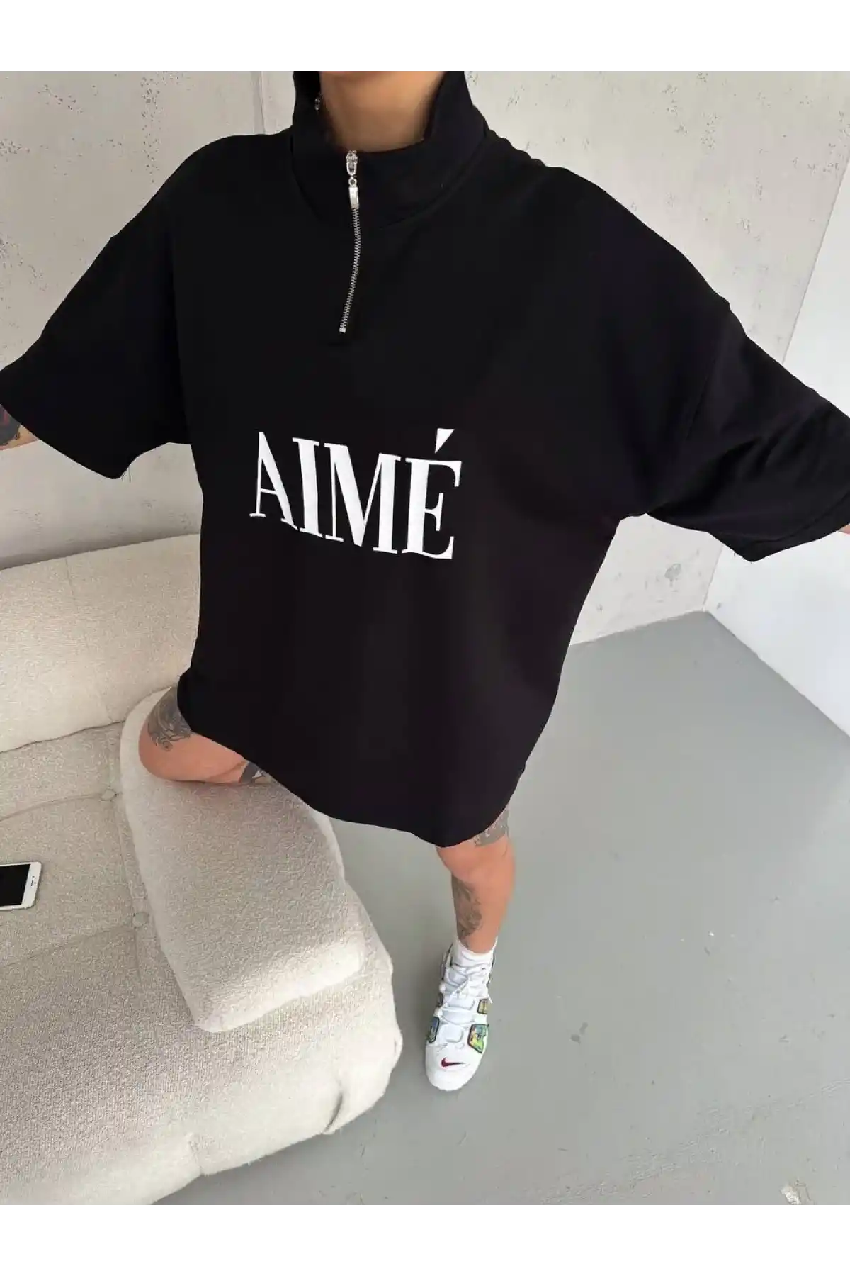 Kadın Yarım Fermuarlı Baskılı T-Shirt - Siyah