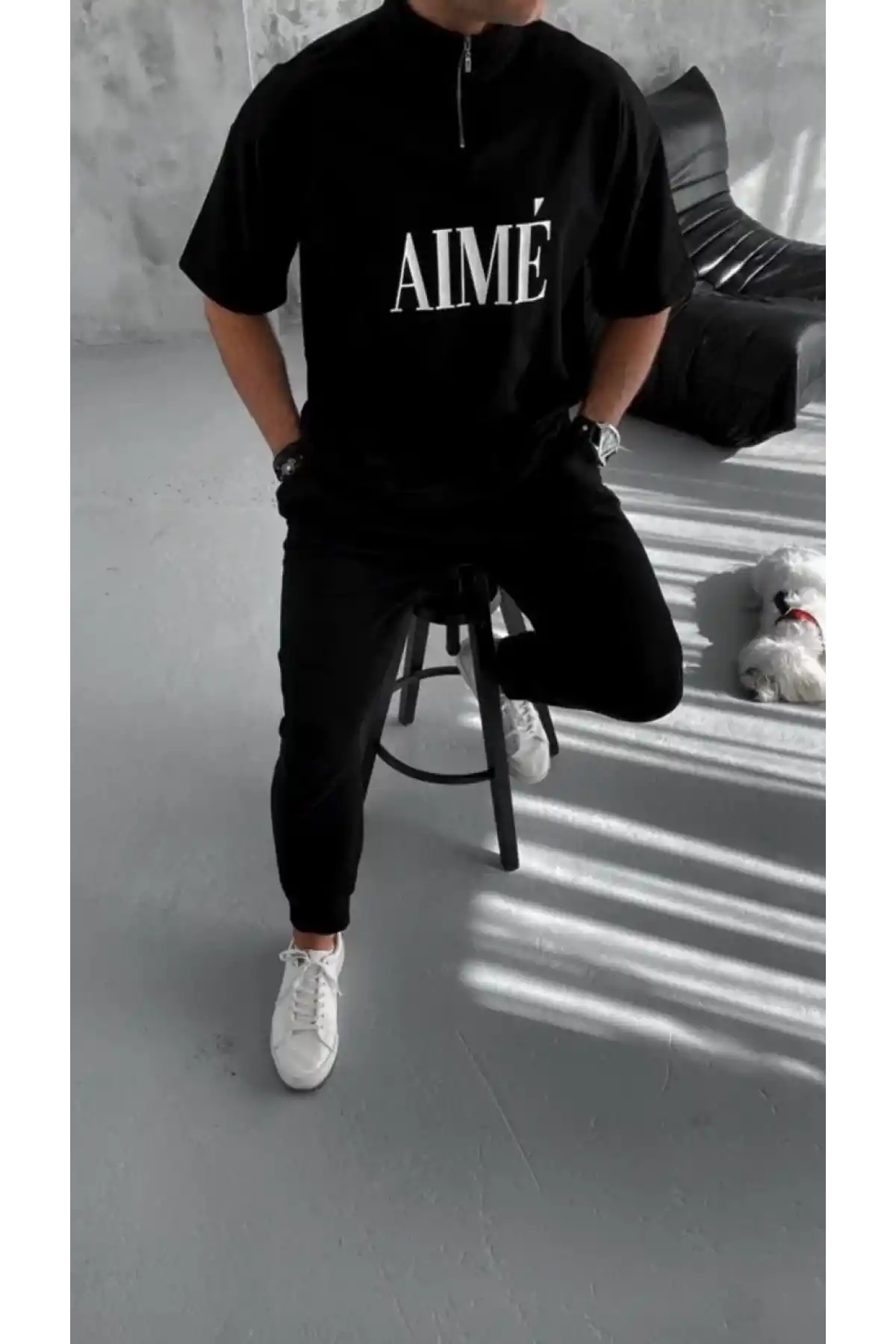 Unisex Yarım Fermuarlı Baskılı T-Shirt - Siyah