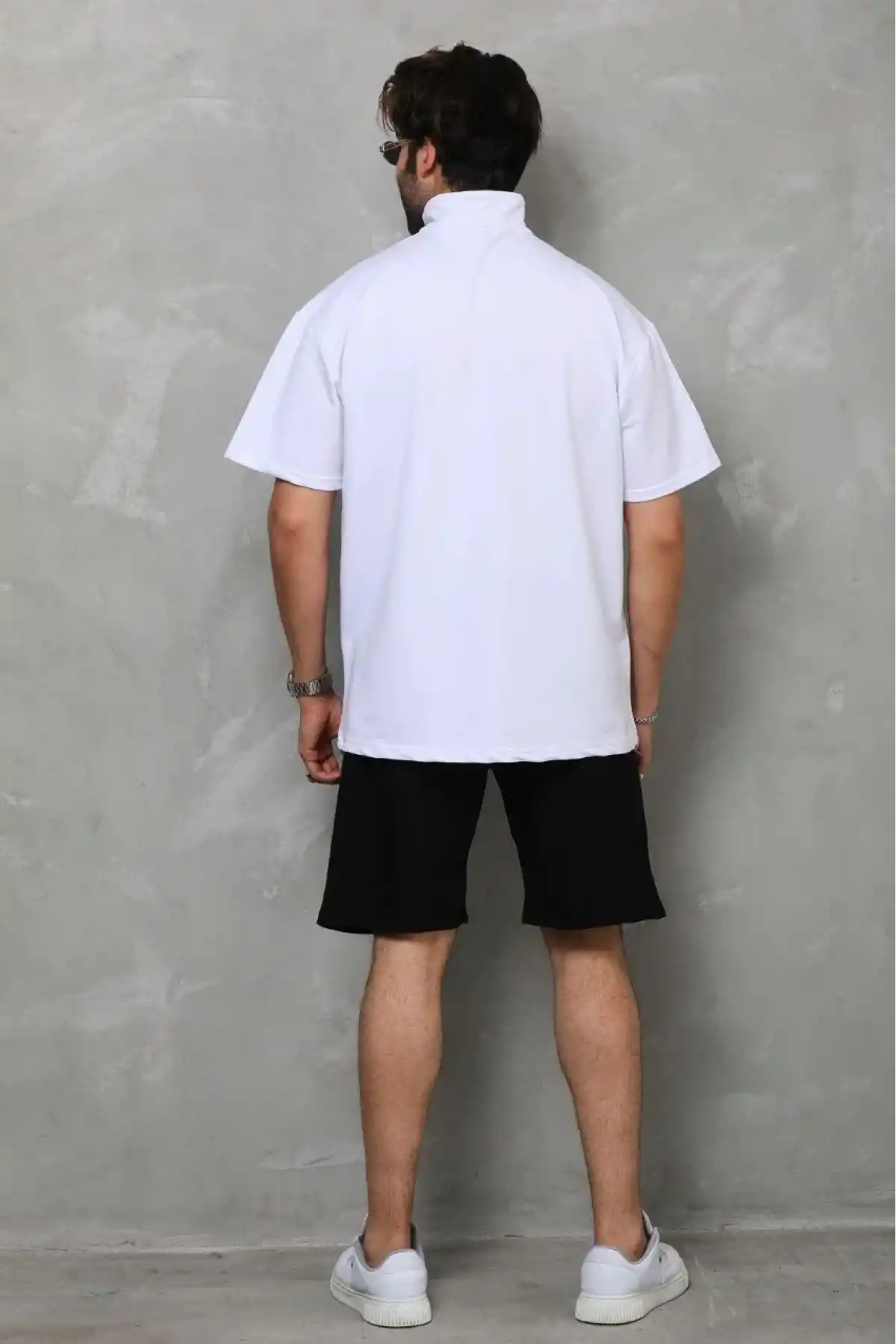 Unisex Yarım Fermuarlı Düz Oversize T-shirt - Beyaz