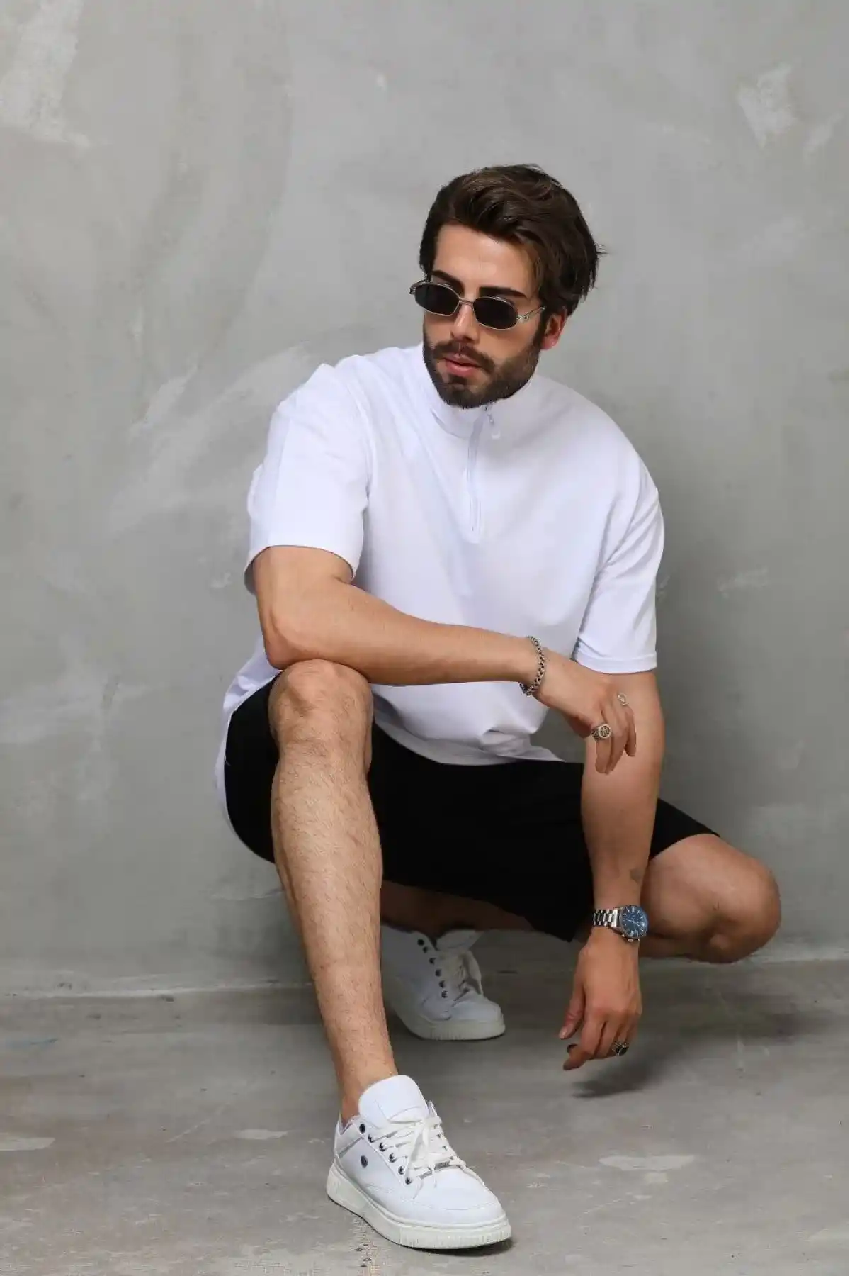 Unisex Yarım Fermuarlı Düz Oversize T-shirt - Beyaz