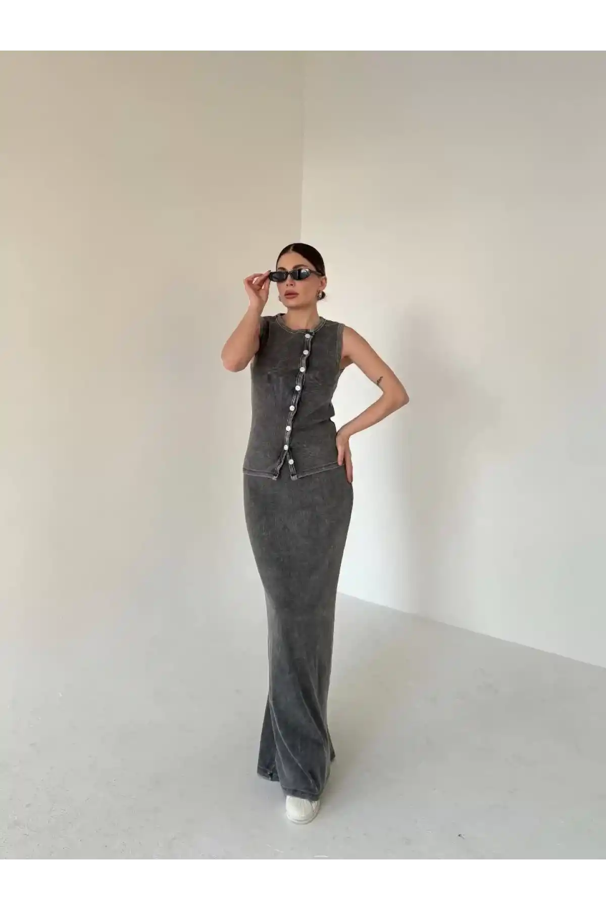 Uzun Etekli Önü Düğmeli Badi İkili Takım- Antrasit