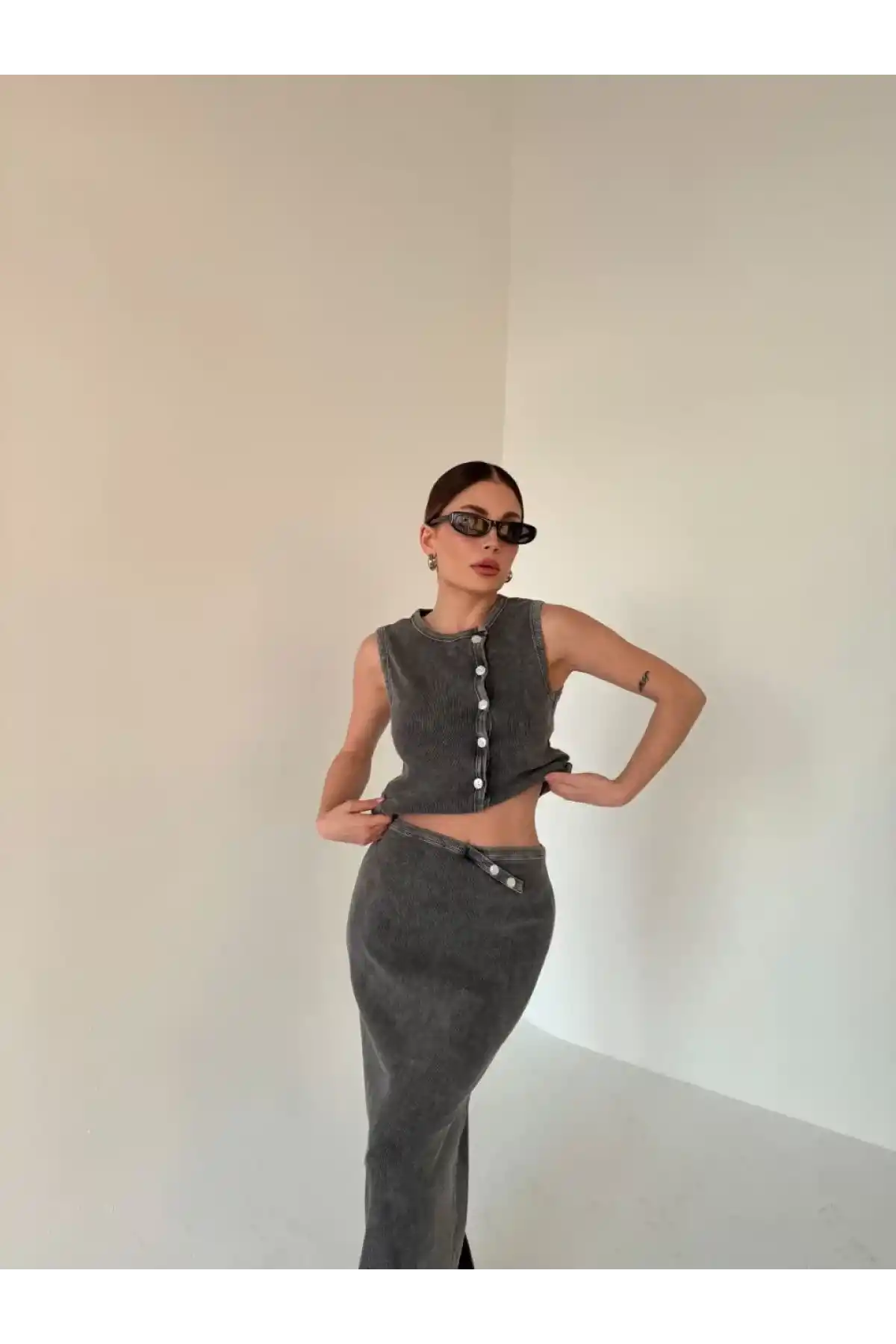 Uzun Etekli Önü Düğmeli Badi İkili Takım- Antrasit