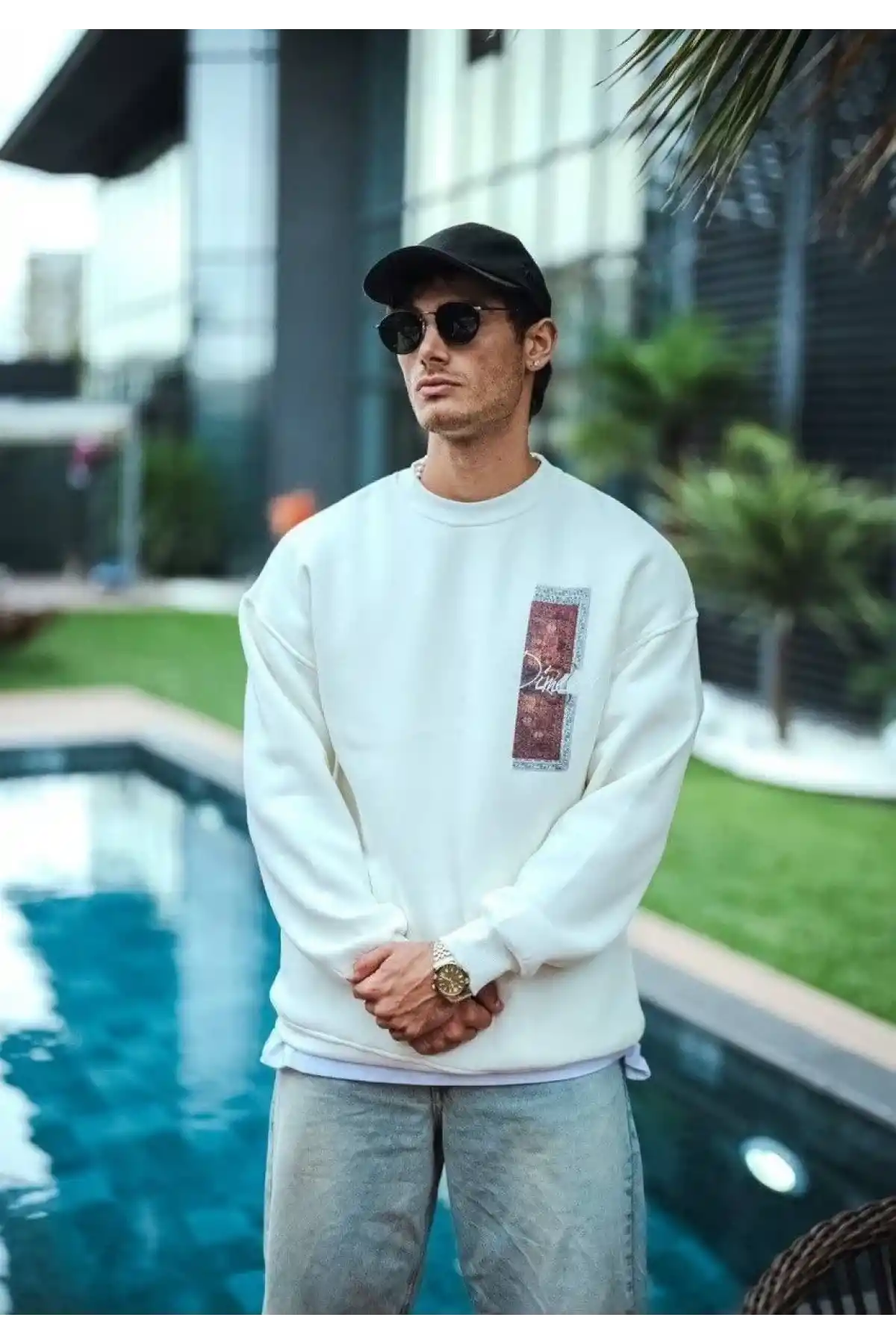 Uzun Kol Bisiklet Yaka Ön ve Arka Baskılı SweatShirt - Beyaz