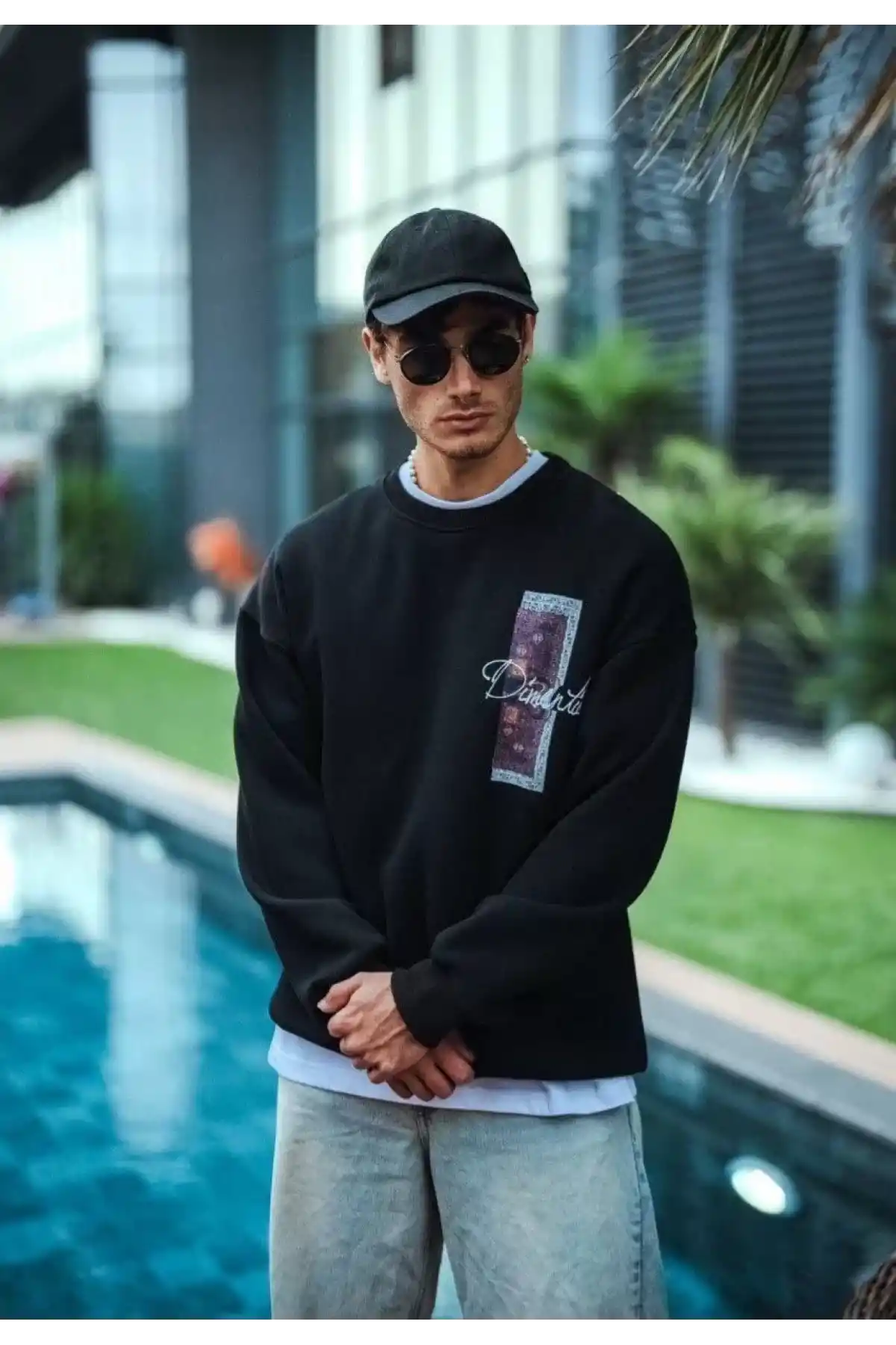 Uzun Kol Bisiklet Yaka Ön ve Arka Baskılı SweatShirt - Siyah