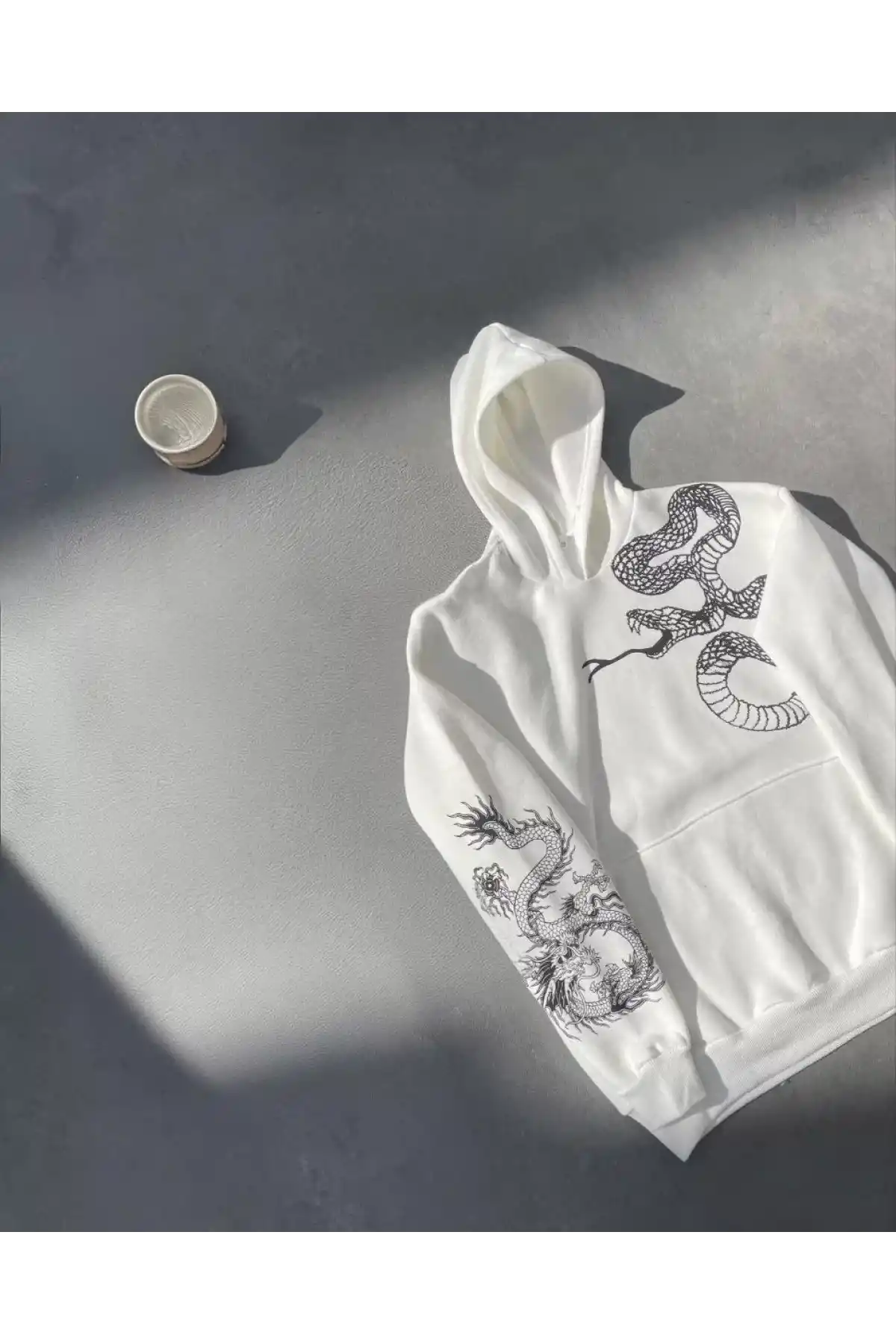 Uzun Kol Kapüşonlu Baskılı SweatShirt - Beyaz