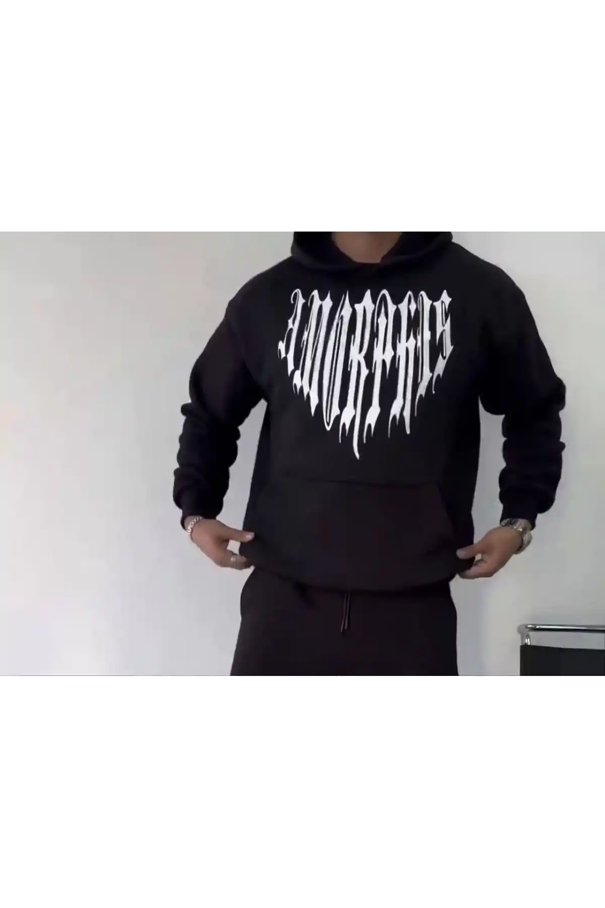Uzun Kol Kapüşonlu Baskılı SweatShirt - Siyah