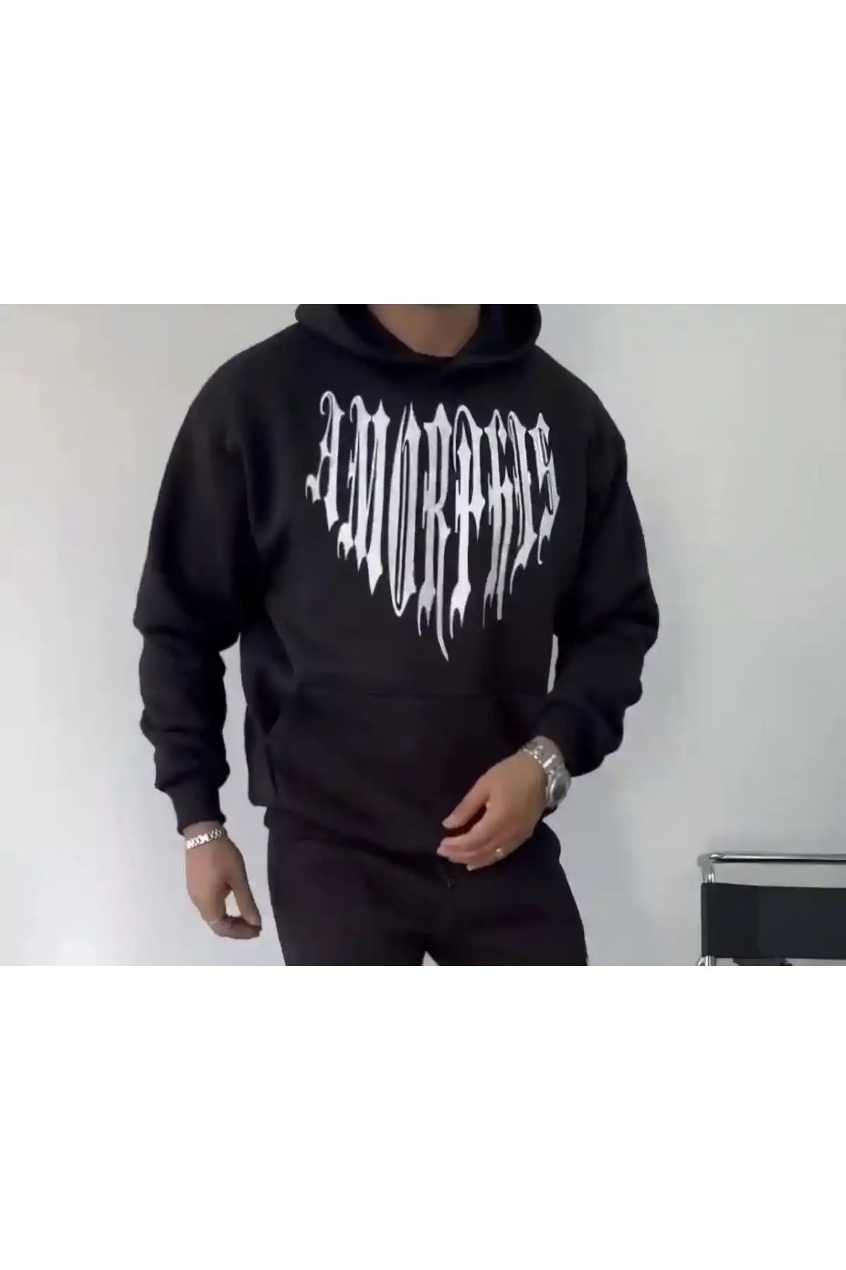 Uzun Kol Kapüşonlu Baskılı SweatShirt - Siyah
