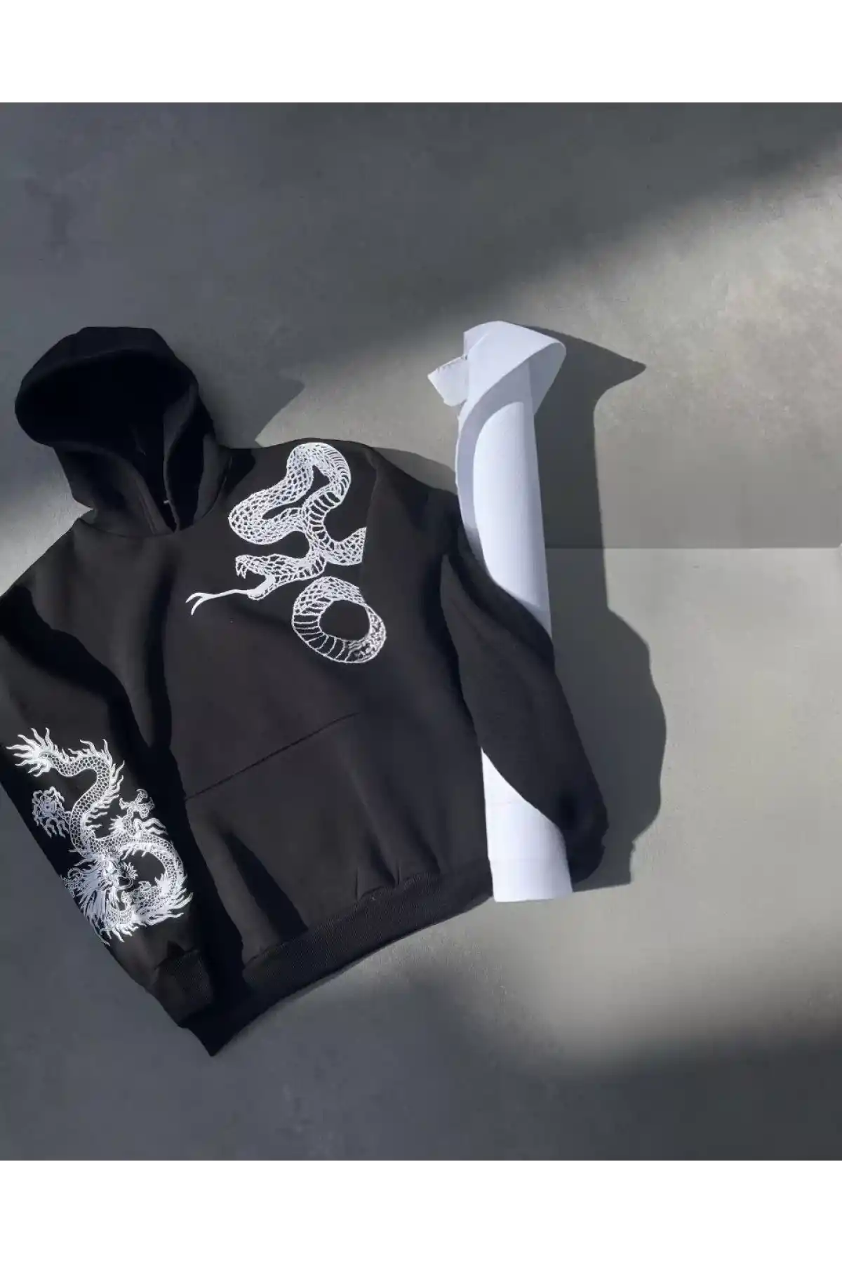 Uzun Kol Kapüşonlu Baskılı SweatShirt - Siyah