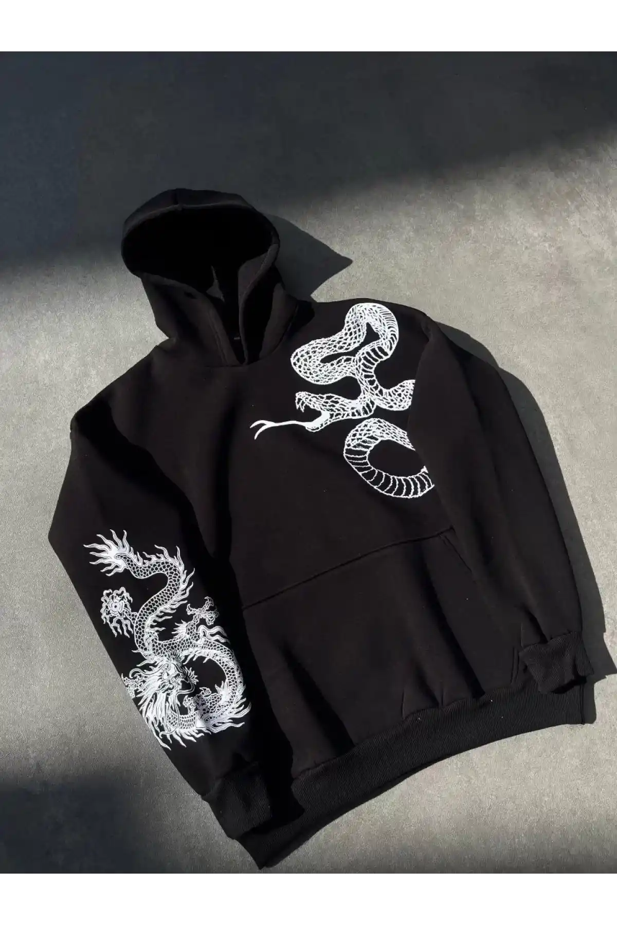 Uzun Kol Kapüşonlu Baskılı SweatShirt - Siyah