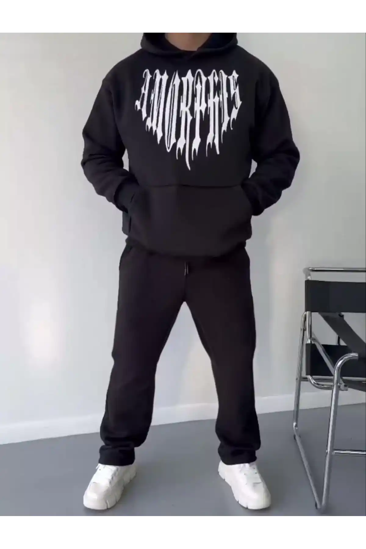 Uzun Kol Kapüşonlu Baskılı SweatShirt - Siyah