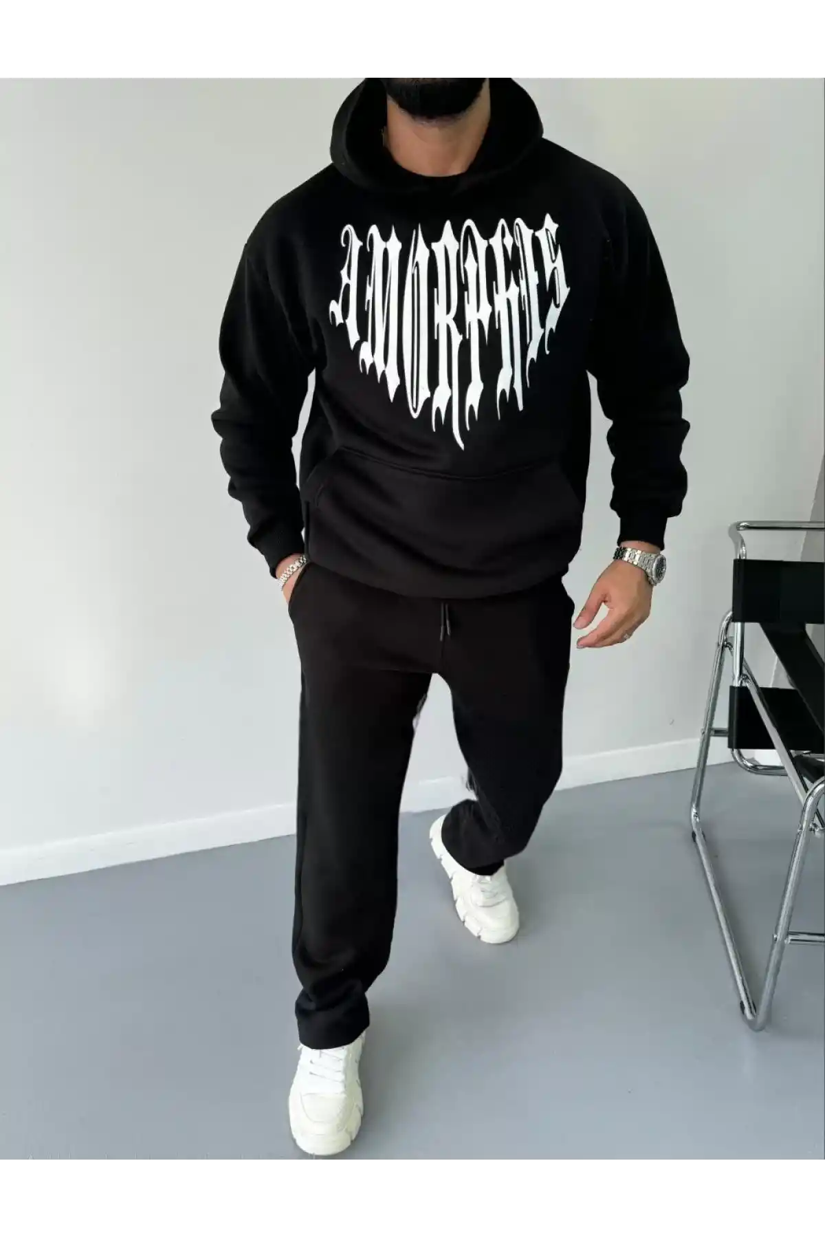 Uzun Kol Kapüşonlu Baskılı SweatShirt - Siyah