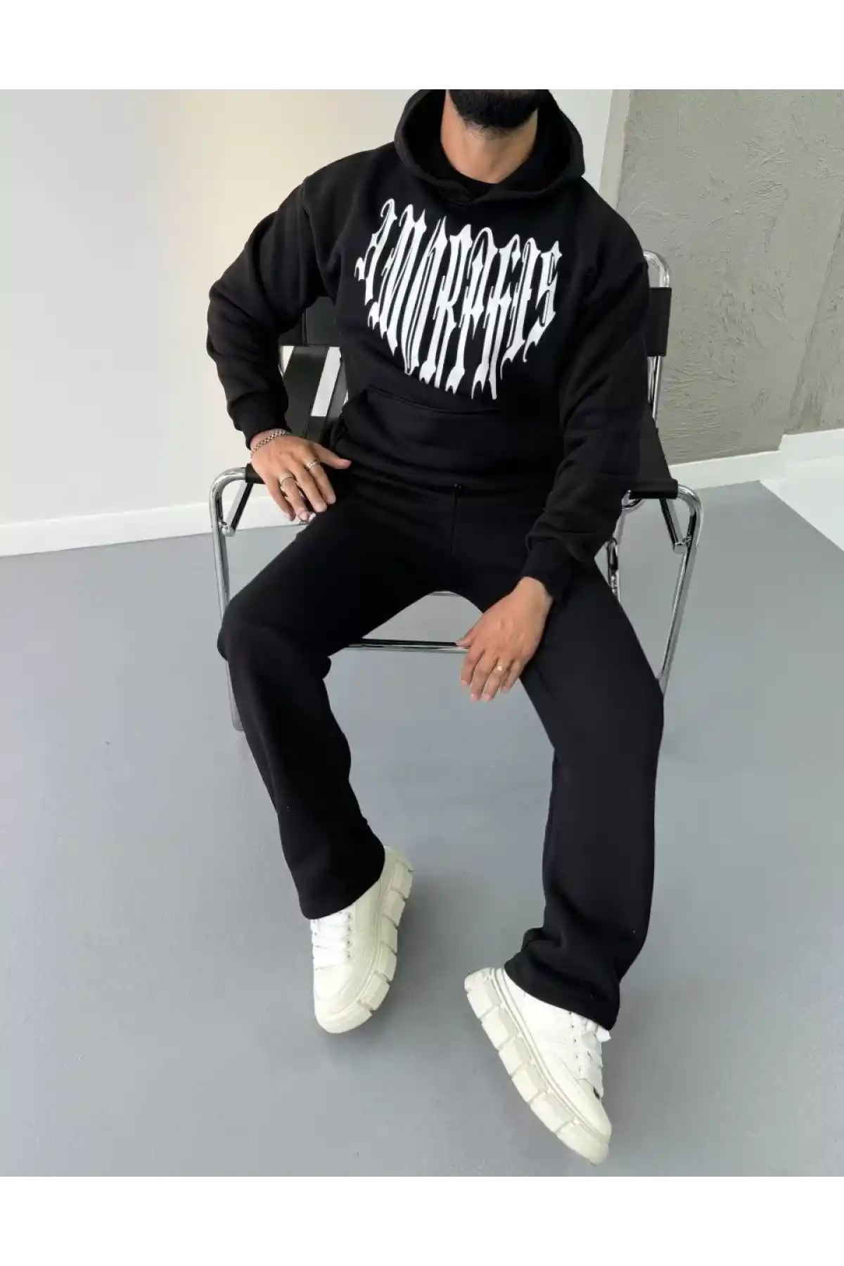 Uzun Kol Kapüşonlu Baskılı SweatShirt - Siyah