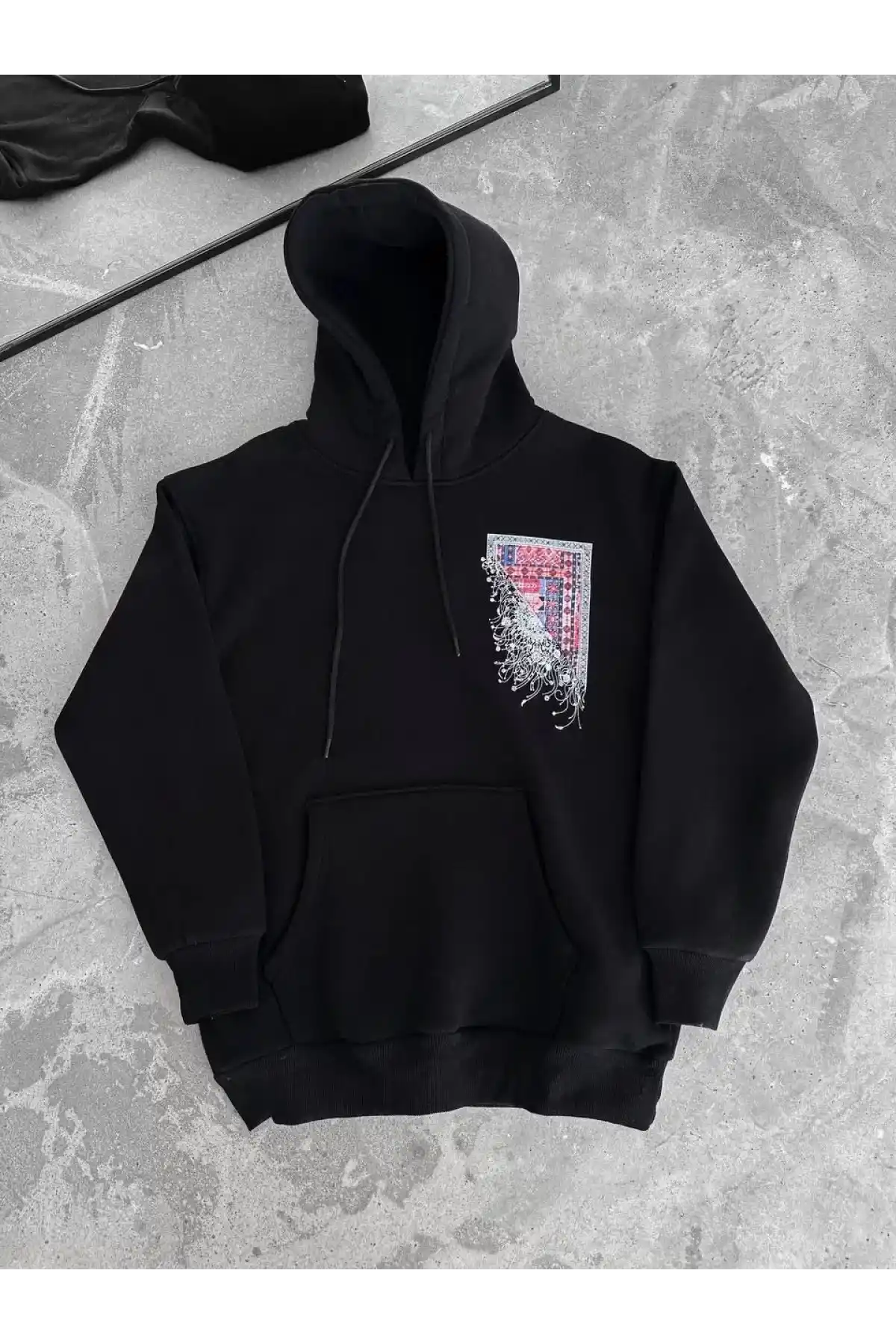 Uzun Kol Kapüşonlu Ön Ve Arka Baskılı SweatShirt - Siyah