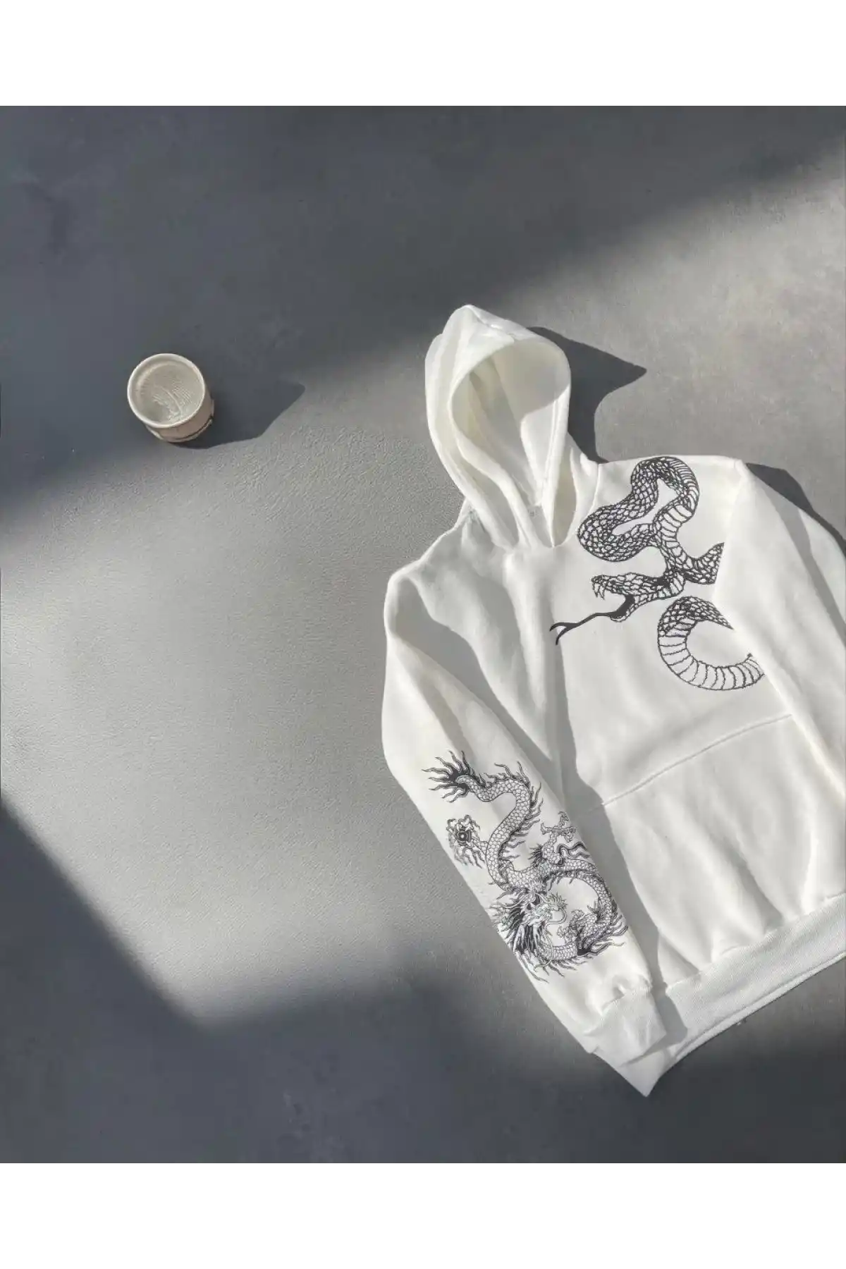 Uzun Kol Kapüşonlu Baskılı SweatShirt - Beyaz