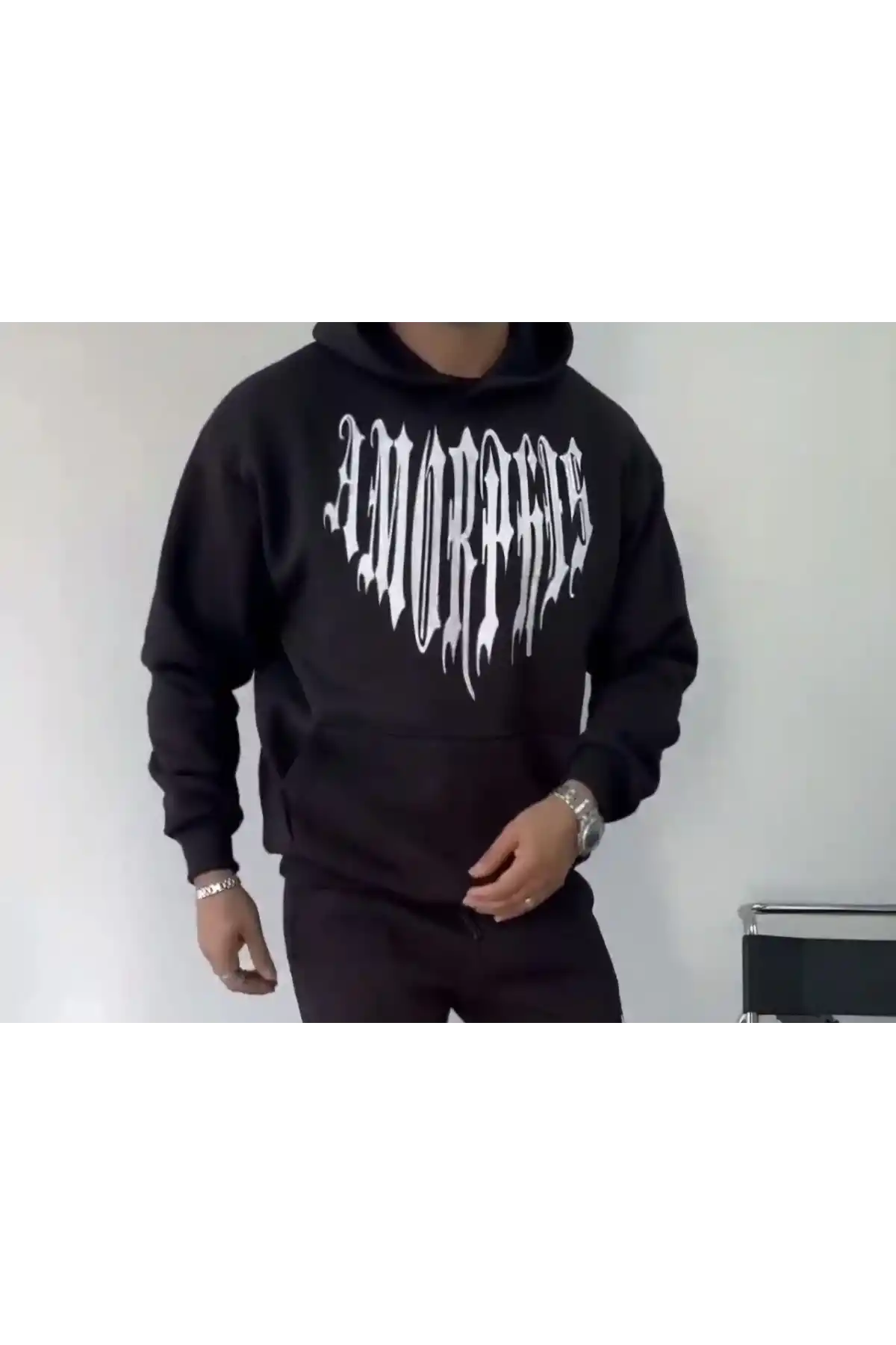 Uzun Kol Kapüşonlu Baskılı SweatShirt - Siyah