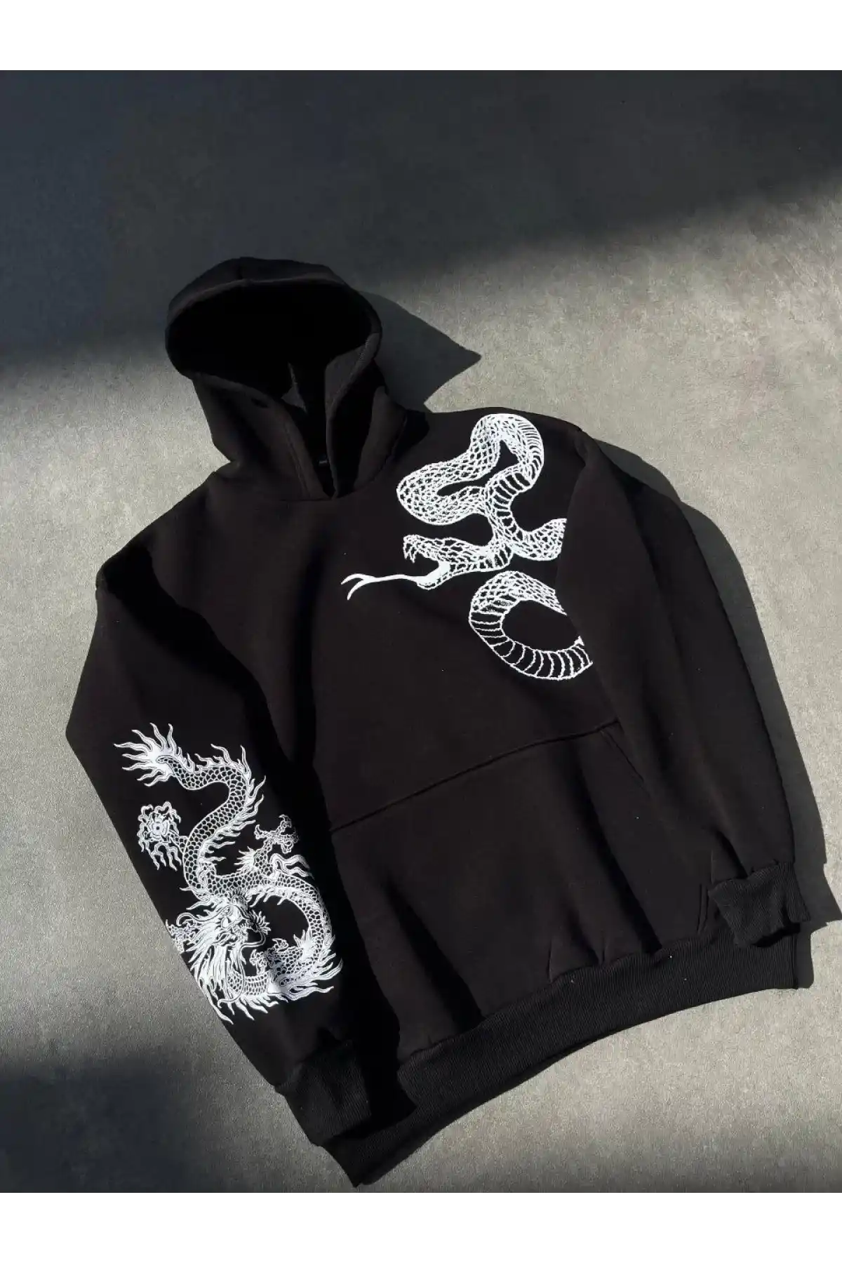 Uzun Kol Kapüşonlu Baskılı SweatShirt - Siyah